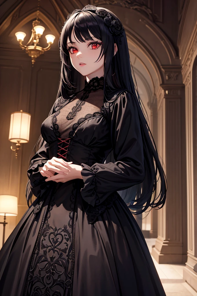 masterpiece, best quality, ultra detailed, extremely detailed, beautiful detailed glow, ultra high res, very high res, beautiful ,best aesthetic, 8k, 2d anime, adult woman, black long straight hair, see-through bang, red eyes, detailed red eyes, Chiseled Face, detailed face, full body (small breast) (darkness), black dress, victorian, decoration, intricacies, ironwork, lace, mystery, romanticism, creepy, outdoor at nigh
