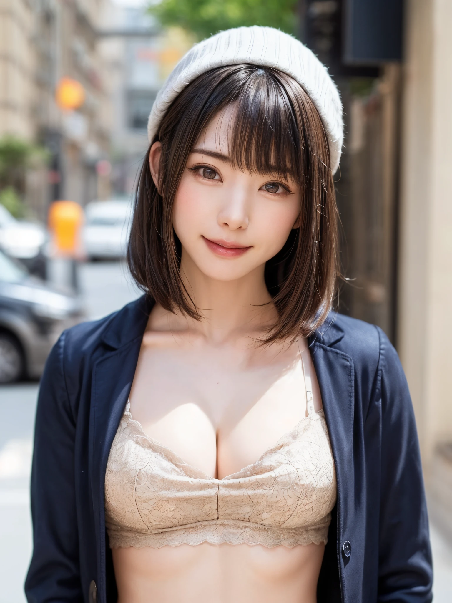 (Face Focus、Very eye focus、Head tilt、Very chest focus、underboob、mid-riff peak、hyper realisitic、Photorealistic、masutepiece:1.4, top-quality:1.4、Add intense highlights to the eyes:1.4、short shiny hair:1.4 ),1girl in, 独奏, short dark hair, scarf, Hats,, realisitic, looking at the viewers, brown eyes of light color,, shorth hair, coat, Winter clothes, White headscarf, s lips, lipgloss:1.4，bangss,a closed mouth, The upper part of the body、big eye、Lashes、((Street))、(((Shorthair with bangs:1.4、big eye、Put very strong highlights in your students、{Gigantic|Big|Huge|Mega} breasts, cleavage、very Bigger breasts、gazing at viewer、Very beautiful beauty、Put your ears out、long neck、little smiling、Close your mouth and smile、Beautiful teeth)))、Beautiful adult woman full of charm:1.4、(Autumn leaves are blue without people or cars々tree-lined street)