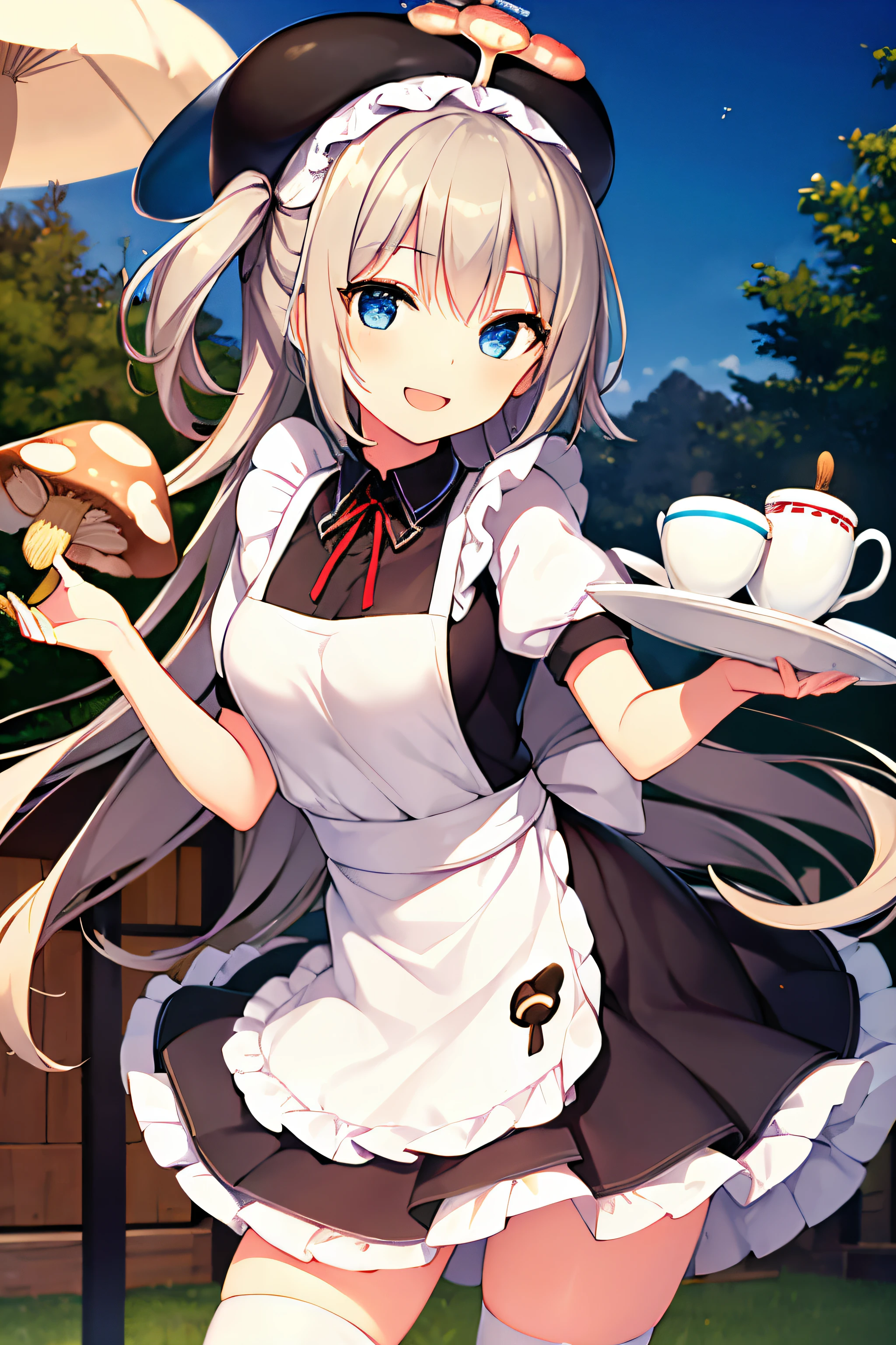 girl with maid outfit, cafe, coffee mug, (mushroom on head), cheerful smile