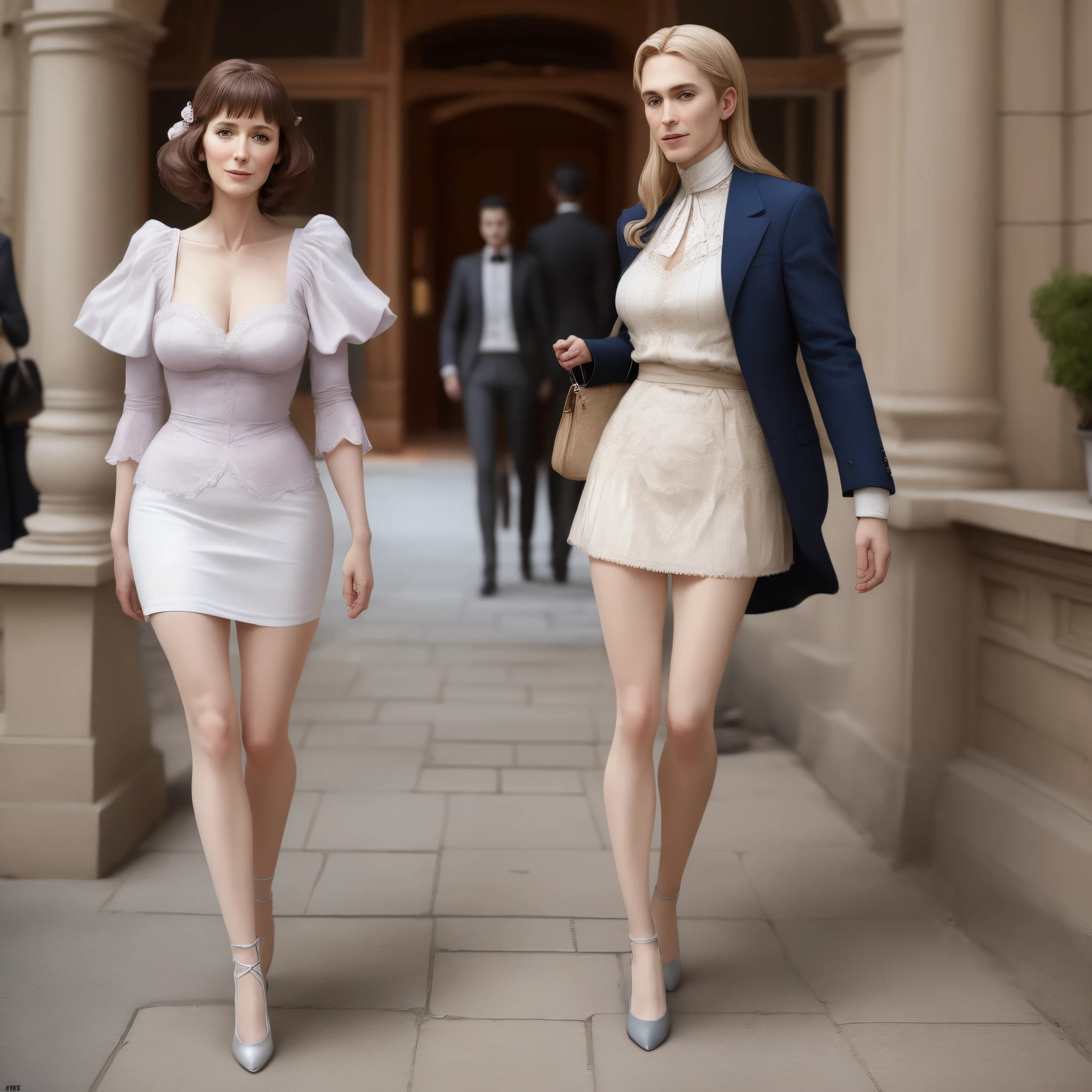 ((Biologically correct limb count))、((Full Body Shot, Full-body photo including face、Head to toe photos))、4K、(masterpiece:1.3)、((Symmetrical facial features))、Eyes of meticulous depiction、beautiful 1woman、Excellent style、((skirt、The neckline is a lace embroidered sheer shirt.、High heels with anklets))、Detailed Description、shopping、Married Woman、sex appeal、Alluring、Handbags、Earrings、necklace、profile、Upper body close-up、Looking up、Blonde、(male:-0.5)