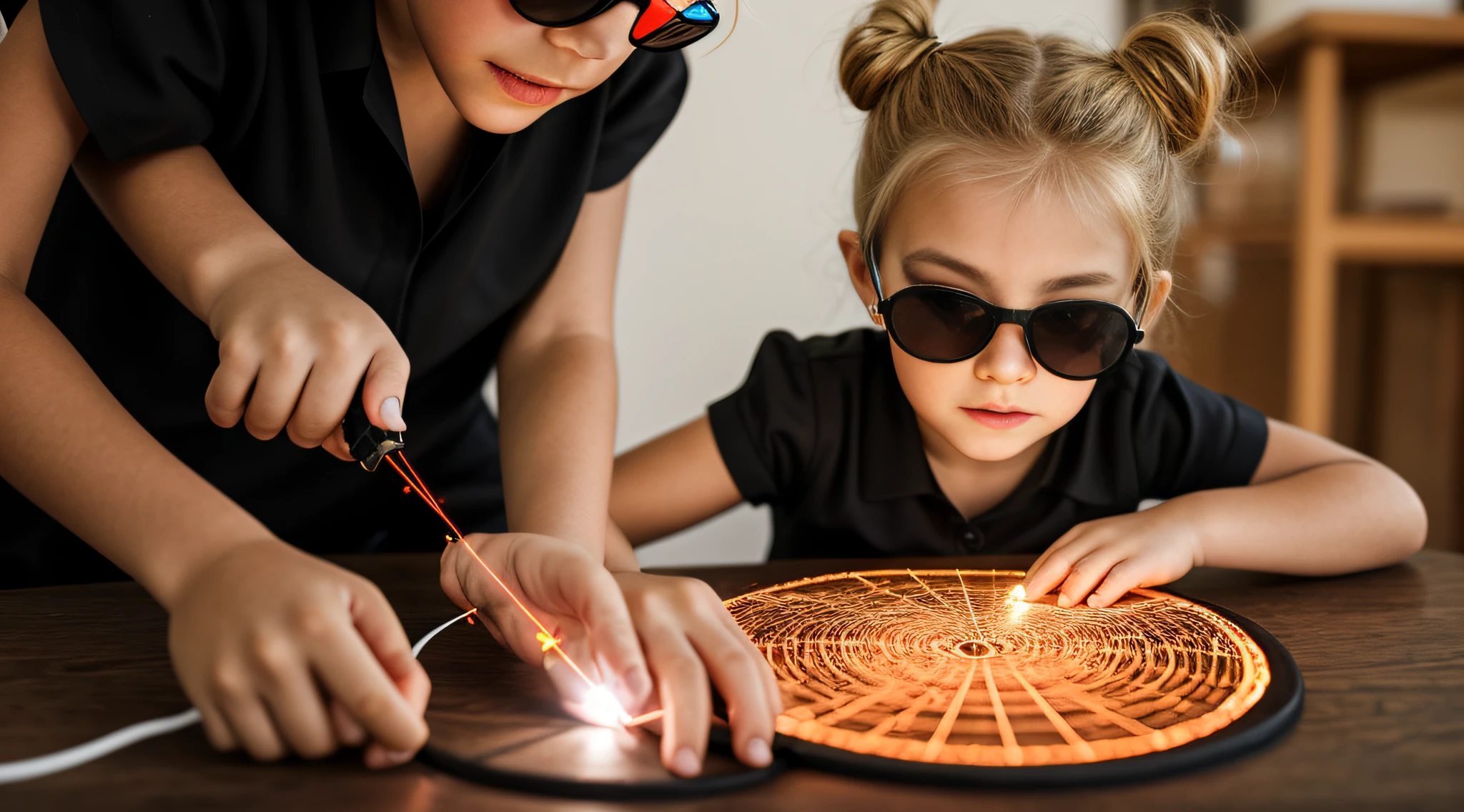close-up CHILD BLONDE GIRL WITH HAIRBUN, in a black blouse and sunglasses, a laser is being used to illuminate a circle, fundo escuro
