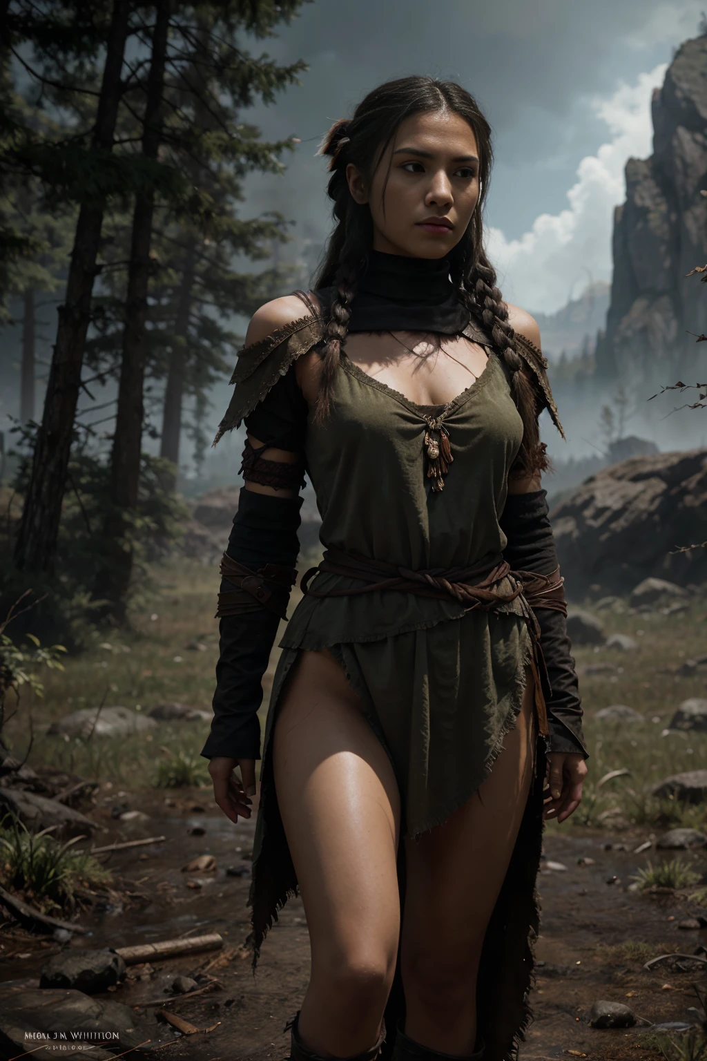 Illustration of a young woman standing in the fields in the style of Bernie Wrightson. Olive Skin, Black Hair, Asian facial Features, Indigenous Ethnicity, Siberian Indigenous Clothing, Sami Clothing, Indigenous Adornments, Full Body. Taiga environment, Gloomy and Depressing Atmosphere. Dark Hues Color Palette, Composition Balance, Outlined Silhouettes, Shadows, Highlights, Intricate Details, Dark Fantasy, Narrative-rich Illustration, Visual Compellingness in the style of Bernie Wrightson. Inspired by Senua's Hellblade and Horizon Zero Dawn.