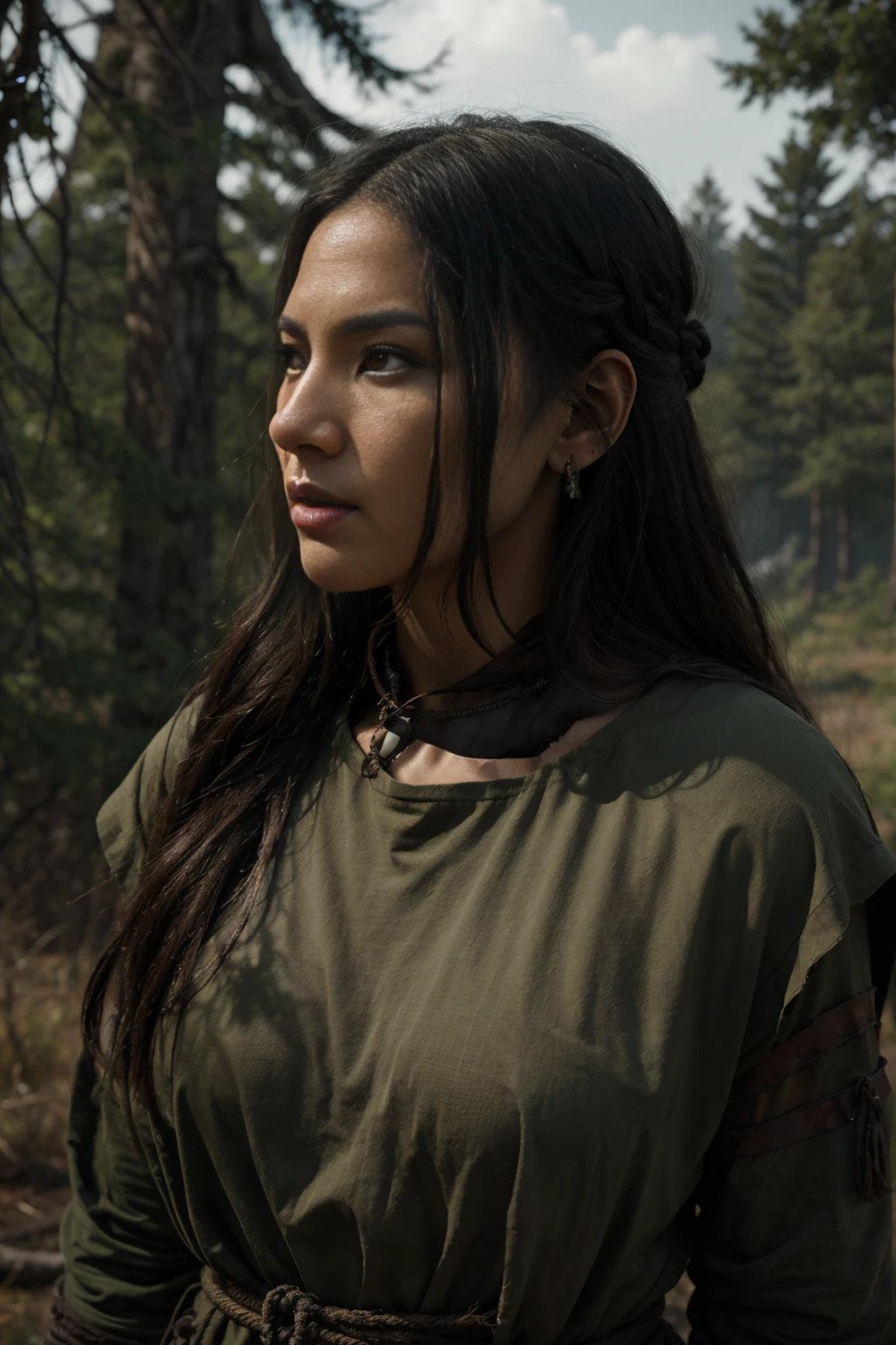 Illustration of a young woman standing in the fields in the style of Bernie Wrightson. Olive Skin, Black Hair, Asian facial Features, Indigenous Ethnicity, Siberian Indigenous Clothing, Sami Clothing, Indigenous Adornments, Full Body. Taiga environment, Gloomy and Depressing Atmosphere. Dark Hues Color Palette, Composition Balance, Outlined Silhouettes, Shadows, Highlights, Intricate Details, Dark Fantasy, Narrative-rich Illustration, Visual Compellingness in the style of Bernie Wrightson. Inspired by Senua's Hellblade and Horizon Zero Dawn.