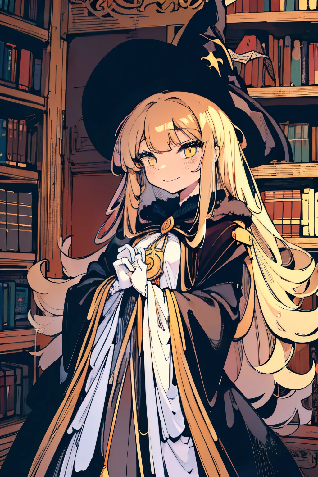 ((Masterpiece)), (RAW photo: 1.2), (Professional Photography:1.2), (High Definition:1.3), , ((the witch)), smile, fluffy hair, long beige hair, ((the witch)), (fluffy hair), Ivory long hair, Witch robe and fluffy skirt, ((she has a big magic wand in both hands.:1.3)), (Beautiful Black big Witch Hat), Holding a magic wand with both hands, kawaii, (in the library room), Do not look at the viewer