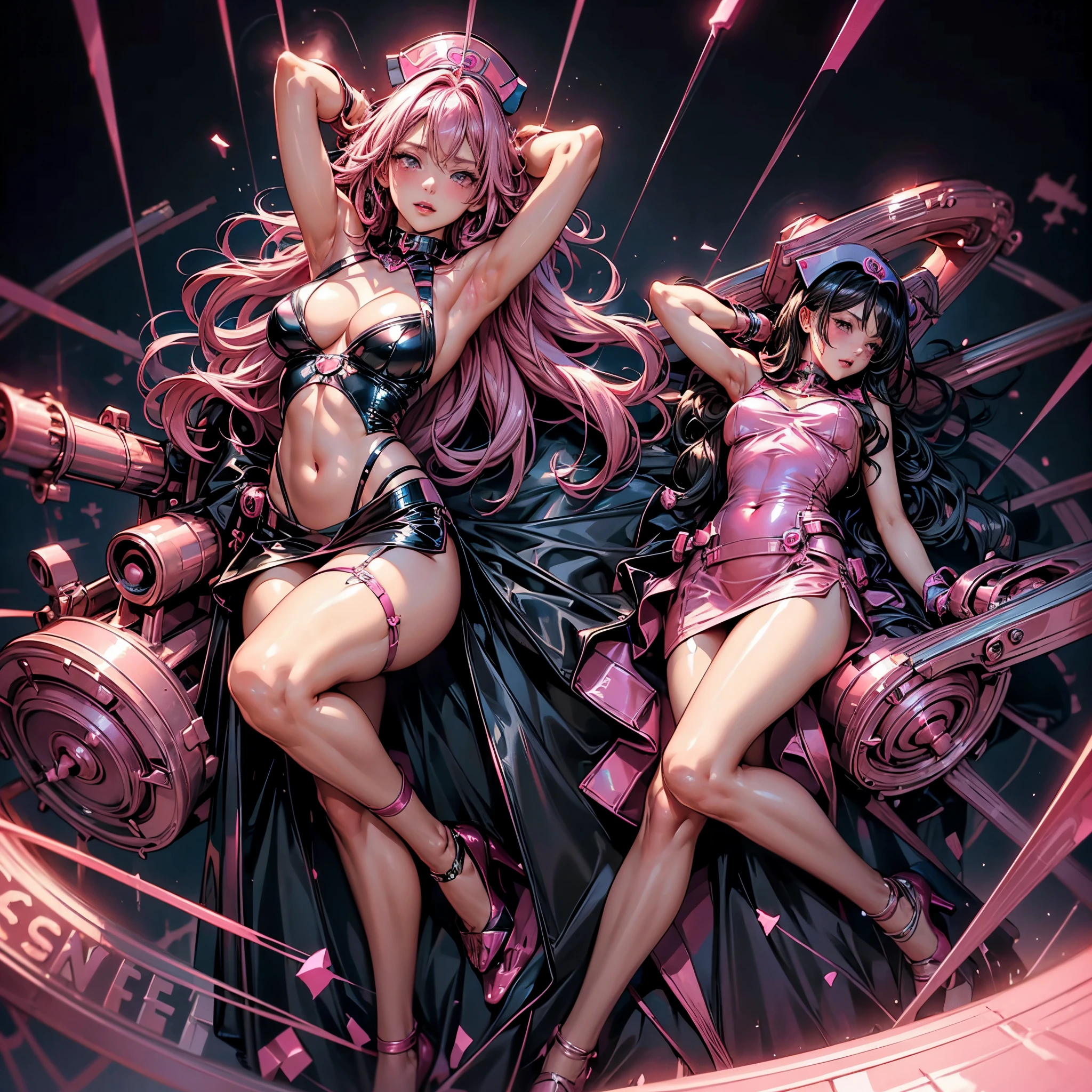 anime girls in shiny pink latex tube dress posing for camera, showing lots of skin, seductive anime girls, 2 beautiful woman, facing each other, excited and blushing, detailed face, (nurse hat), long pink hair, looking down at camera, 8k, very detailed, (visible string thong), cleavage, (long pink latex gloves), pink latex stockings, garters, strip club background, dark, spotlight on girl, on stage, upskirt camera shot, (hands behind head, armpits exposed, one leg up, visible thong), collar, open chest, tits prominent, bellybutton, high heels, giant tits, exposed hips