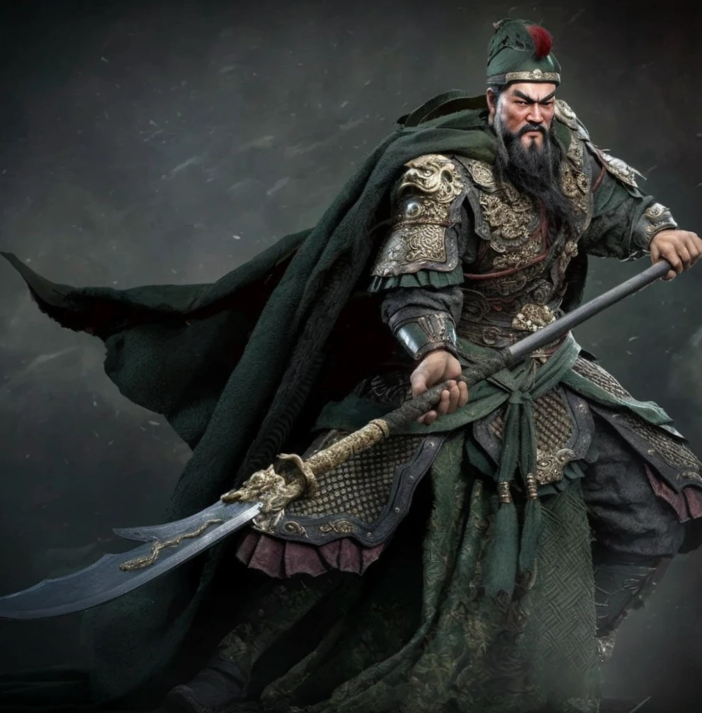 Romance of the Three Kingdoms，Guan yu，one wearing green clothing、Arafad image of a man holding a Qinglong Yanyue Sword, guan yu, Inspired by Hu Zaobin, Inspired by Huang Shen, inspired by Li Kan, Inspired by Cao Zhibai, Guan Yu, China, from the three kingdoms, inspired by Zhang Wo, Dai warlord, inspired by Wu Daozi, Inspired by Emperor Xuande，Three Kingdoms Guan Yu，photorealestic，8k，the detail
