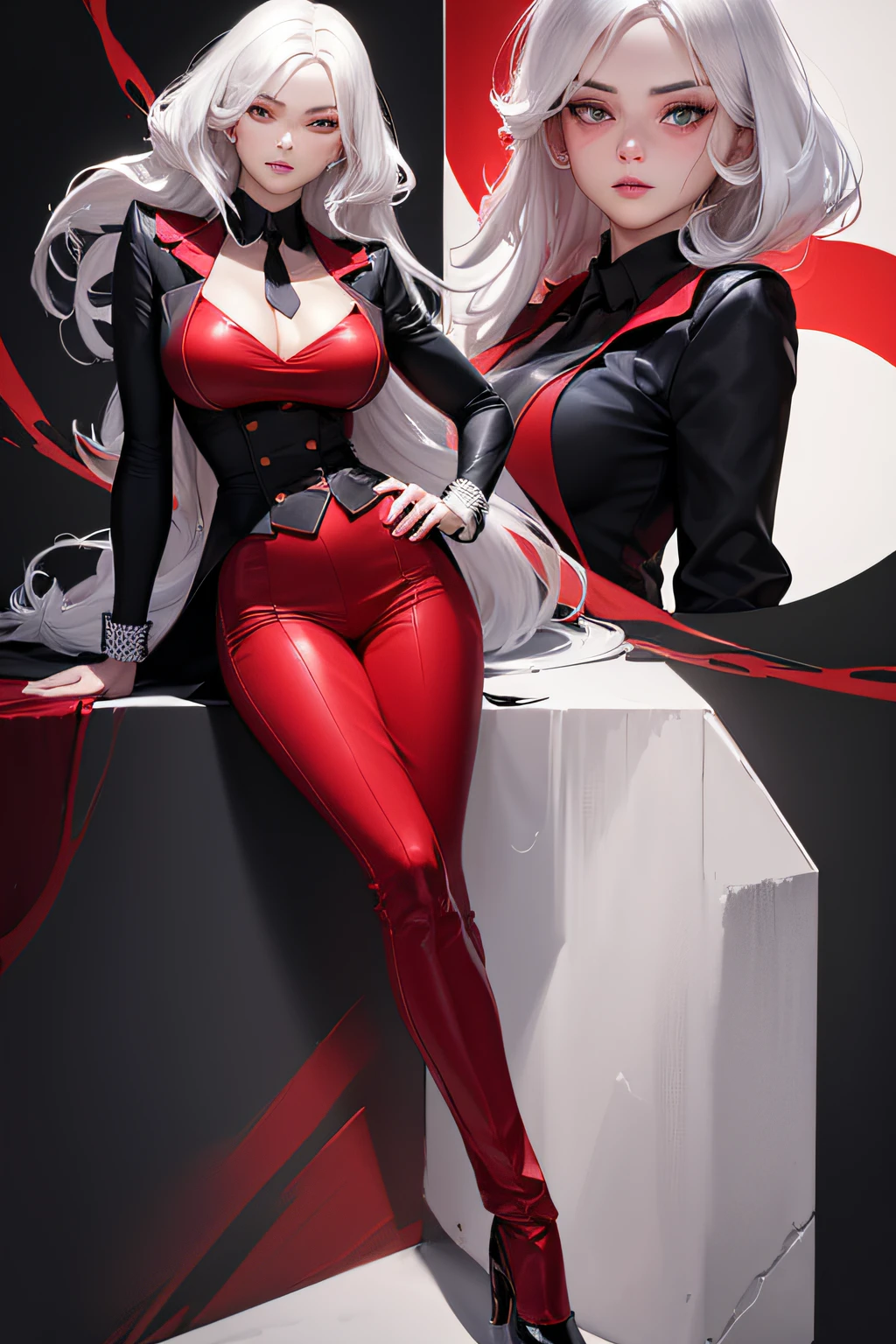 full body image of agent woman aged 40 dressed in a red three-piece suit with a black shirt (traslucent 1.3) and a white tie, ink stains, wet paint, vibrant, dynamic pose, 8k, high detail, cinematic, like anime movie, (delicate fabric 1.2), (translucent fabric 1.4), pale skin, disheveled hair, high res, beautiful face, detailed face (beautiful face 1.3), detailed eyes, dark eyelashes, (blush 1.2), (detailed legs 1.3), (detailed feet 1.3)