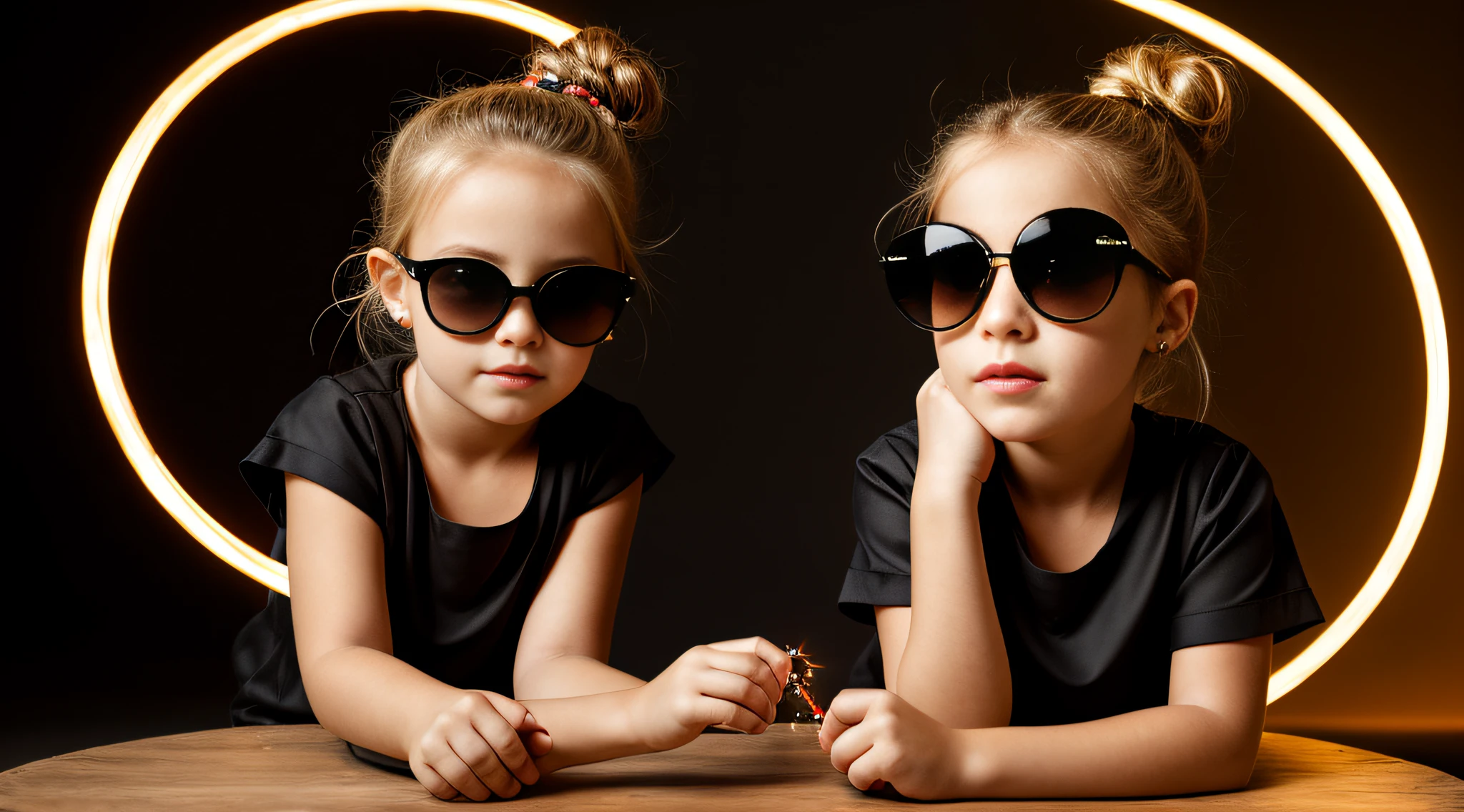 portrait CHILD BLONDE GIRL WITH HAIRBUN, in a black blouse and sunglasses, a laser is being used to illuminate a circle, fundo escuro