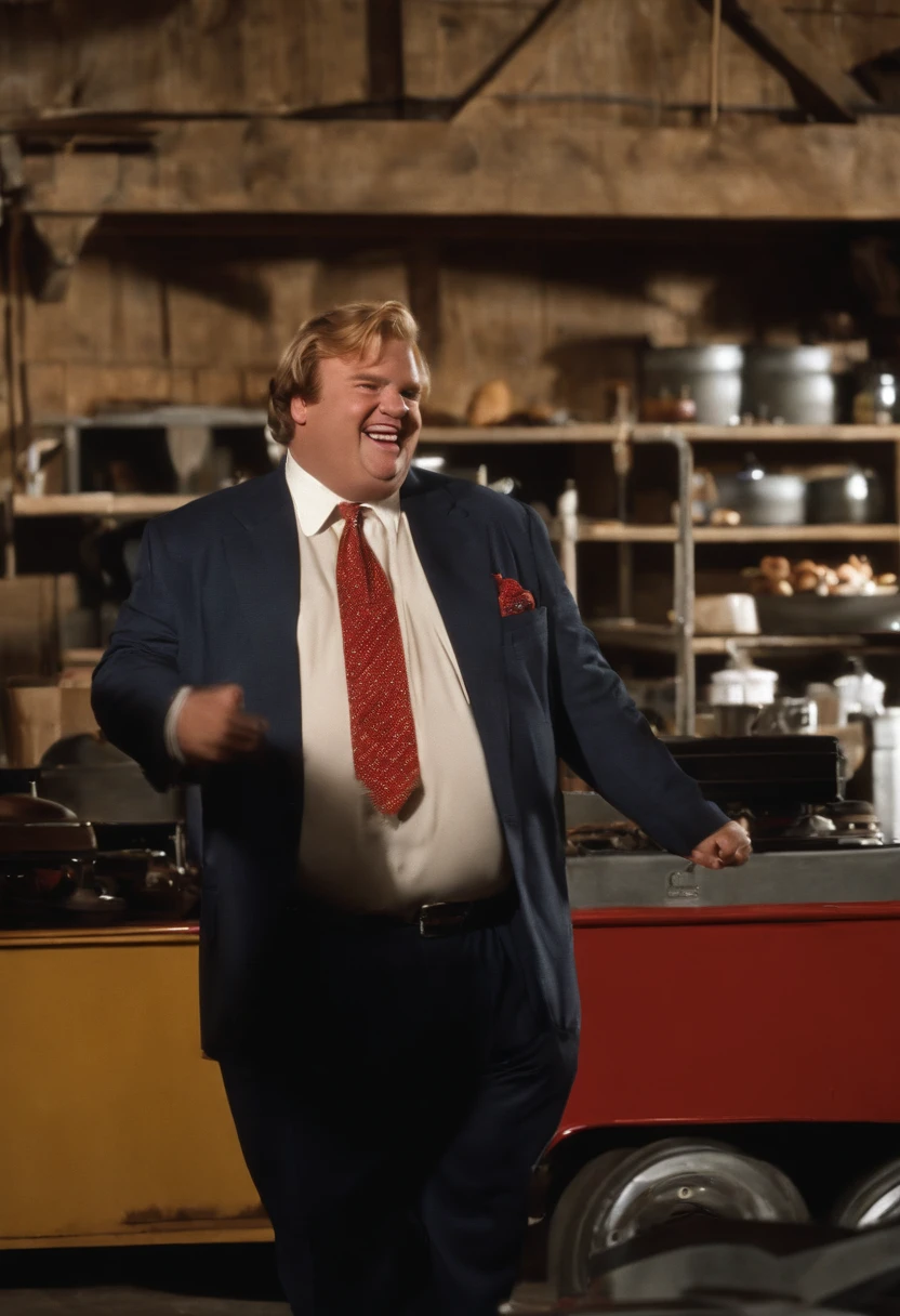 A Boomerang of Tommy dancing and singing along to a classic rock song in the factory garage.,Tommy Boy (1995),Tommy Callahan III, portrayed by Chris Farley in the movie “Tommy Boy,” is a lovable but bumbling character. He’s a bit overweight, with a disheveled appearance that matches his often clueless demeanor. Tommy’s known for his big heart and infectious enthusiasm, but he lacks the sophistication and business acumen expected in the corporate world. He’s often seen in ill-fitting suits, which complements his overall goofy and endearing persona., male