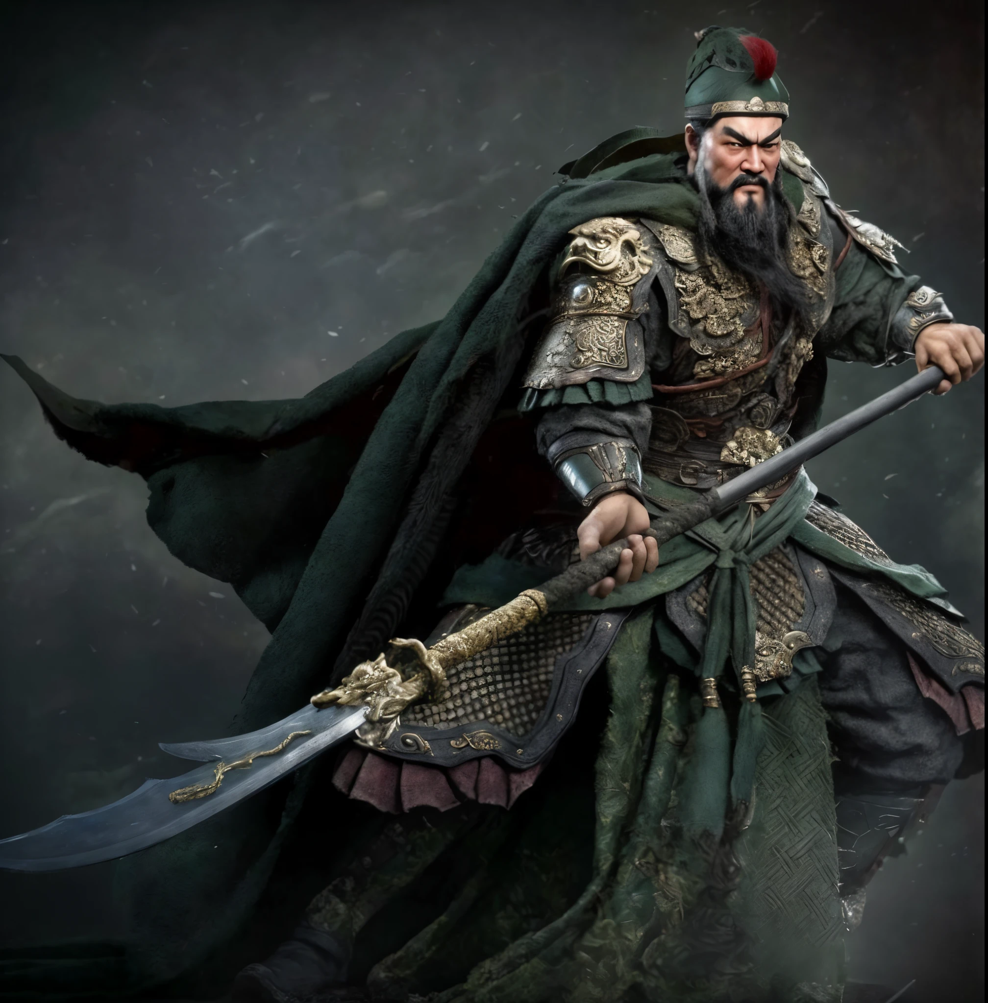 Romance of the Three Kingdoms，Guan yu，one wearing green clothing、Arafad image of a man holding a Qinglong Yanyue Sword, guan yu, Inspired by Hu Zaobin, Inspired by Huang Shen, inspired by Li Kan, Inspired by Cao Zhibai, Guan Yu, China, from the three kingdoms, inspired by Zhang Wo, Dai warlord, inspired by Wu Daozi, Inspired by Emperor Xuande，Three Kingdoms Guan Yu，photorealestic，8k，the detail