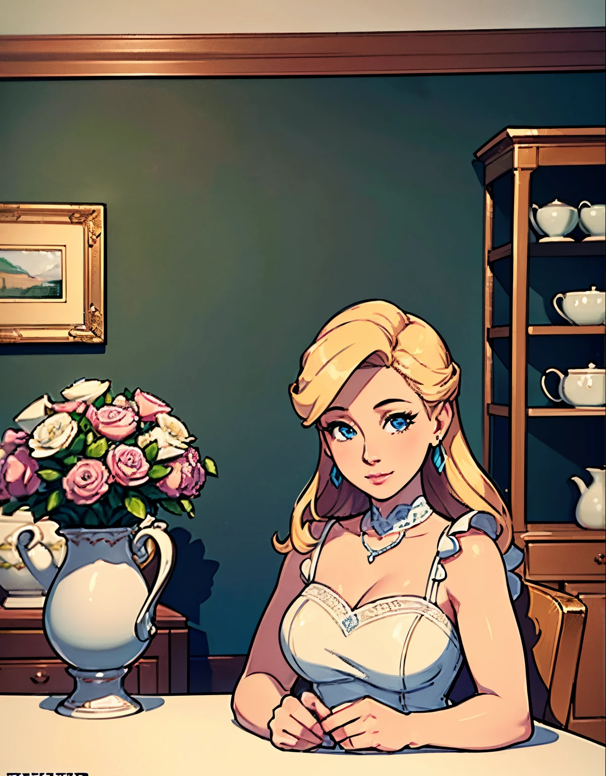 (robot housewife),(display case),(pink dress),(blonde hair),(blue eyes),(plastic skin),(best quality,4k,8k,highres,masterpiece:1.2),ultra-detailed,(realistic,photorealistic,photo-realistic:1.37),portraits,(vibrant colors,colorful:1.1),(soft lighting),(silverware),(spotless kitchen),(beautifully decorated room),(floral wallpaper),(sparkling clean),(freshly baked bread),(kitchen appliances),(polished countertops),(cooking utensils),(elegant surroundings),(big windows),(tidy and organized),(comfortable living space),(tastefully designed),(lush garden),(well-kept lawn),(bright and inviting),(cozy couch),(artificial plants),(stunning artwork),(dainty tea set),(delicate porcelain figurines),(glass showcase),(precious collectibles),(interesting artifacts),(showcasing treasures),(spotlight),(meticulously arranged),(enticing arrangement)