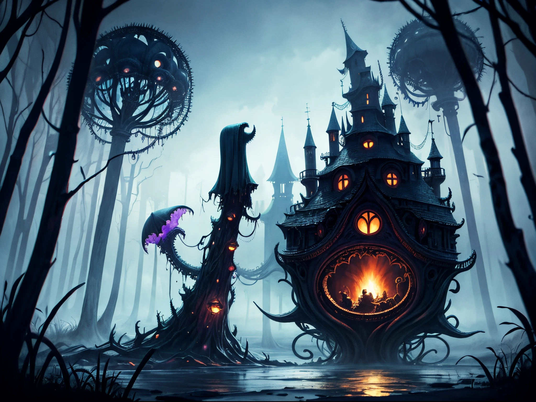 Create a whimsical Lovecraftian world where the horror takes on a fantastical and mysterious quality. Picture eldritch creatures with a touch of whimsy, cosmic horrors rendered in a playful manner, and a cityscape that balances darkness with enchantment. This prompt draws inspiration from the whimsical artistry of Edward Gorey. enormous tits