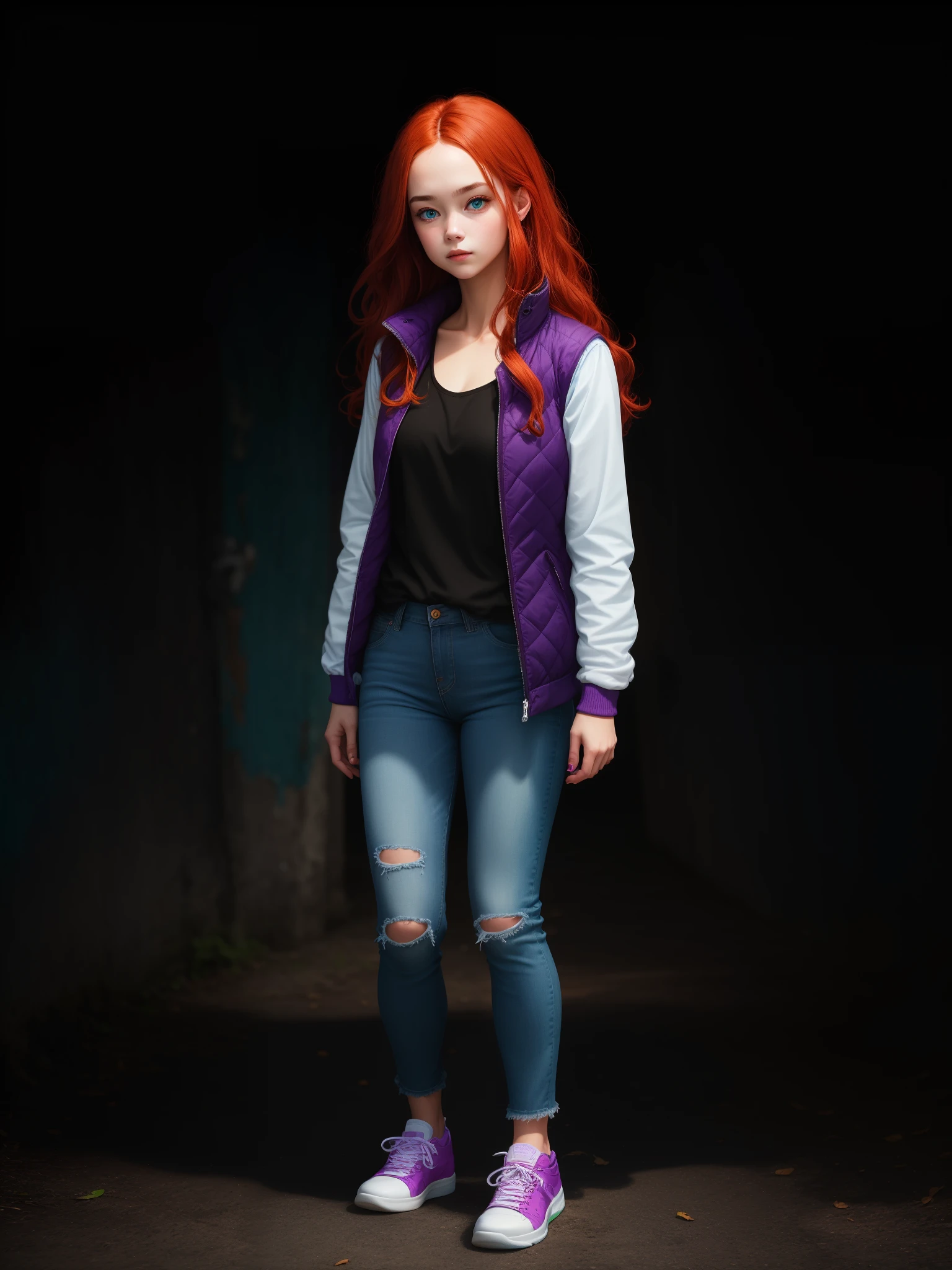 A girl, long red hair, Cyan eyes, white jacket, purple vest, blue jeans, gray sneakers