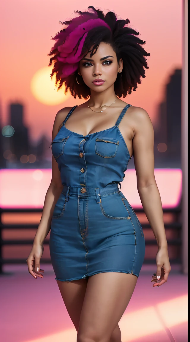 (best quality,4k,8k,highres,masterpiece:1.2),ultra-detailed,(realistic,photorealistic,photo-realistic:1.37),sexy woman,beautiful detailed eyes,beautiful detailed lips,athletic body,short dress,dark colors,avenue at night,pink lighting,green lighting,blue lighting,yellow lighting,denim jacket,Afro hair