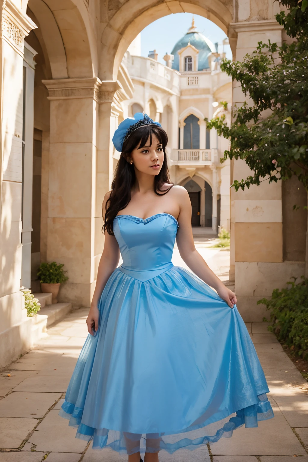Make a poster for the Disney Pixar film that says "CINDERELLA" for a woman dressed in a beautiful blue dress, reddish black hair and wearing a crown on her head. Her other hand is holding a glass slipper. The gown was strapless with a heart-shaped neckline and a billowing skirt. The skirt is made of layers of blue tulle. The woman was standing facing the front, the background of a flower garden in a palace. realistic photo