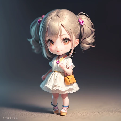 Japanese anime, Girl, Alone,Silence, rendered, Best Quality, masutepiece, Full body, Particle Light Effect, rendered,Cute Baby Chibi Anime,（（（Super masterpiece、top-quality、ultra - detailed、1 girl in、tchibi：1.5）））、Fashion Chibi、fashion modell、Wearing a white shirt and a long gray vest,espadrilles、The best smile、Looking at the camera,A detailed face、Dark skin、highdetailskin、（tchibi：1.4）、