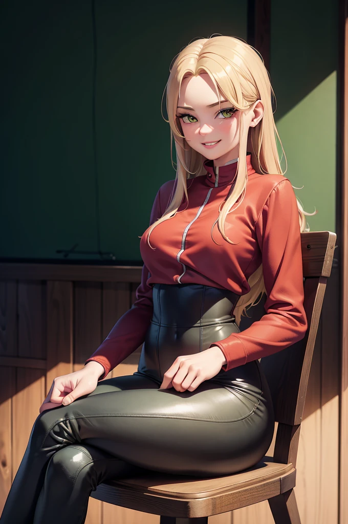 1girl, solo, , loose blond hair, wearing velvet red leggings and green sweather, sitting on a chair in classroom, crossing legs, smiling embarassed, side view, bare forehead, hooked nose, puffy cheeks, small breast, alluring, flirty, confident, scornful look, malicious smirk, detailed face, detailed yellow eyes, detailed irises, thick fleshy lips, medieval, high res, best quality, ultrasharp, 8K, cinematic, green wall behind