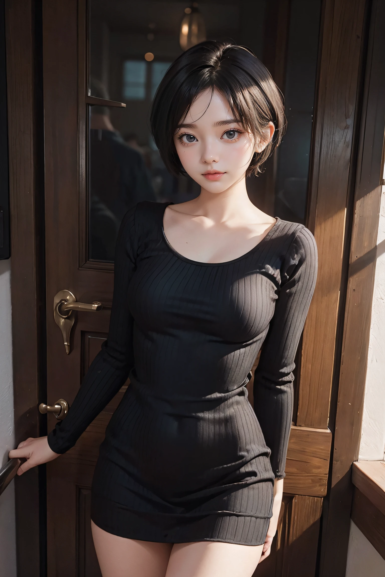 Very detailed, beautiful, Highest quality, detailed beautiful round eyes, beautiful detailed face, Whole Body Ezbian, 1 female, Bob Hair, (Random color hair, Golden mesh), Long eyelashes, Thick mascara, Dark eyeliner, Toned thighs, 40 years old, (Random color turtleneck tight dress), Perfect Face, Perfect body, Sexy pose, (A charming smile), Random Location, nature, (Background Asahi), (alone), ((masterpiece, Highest quality, High resolution, Pixel Perfect, 8k,))