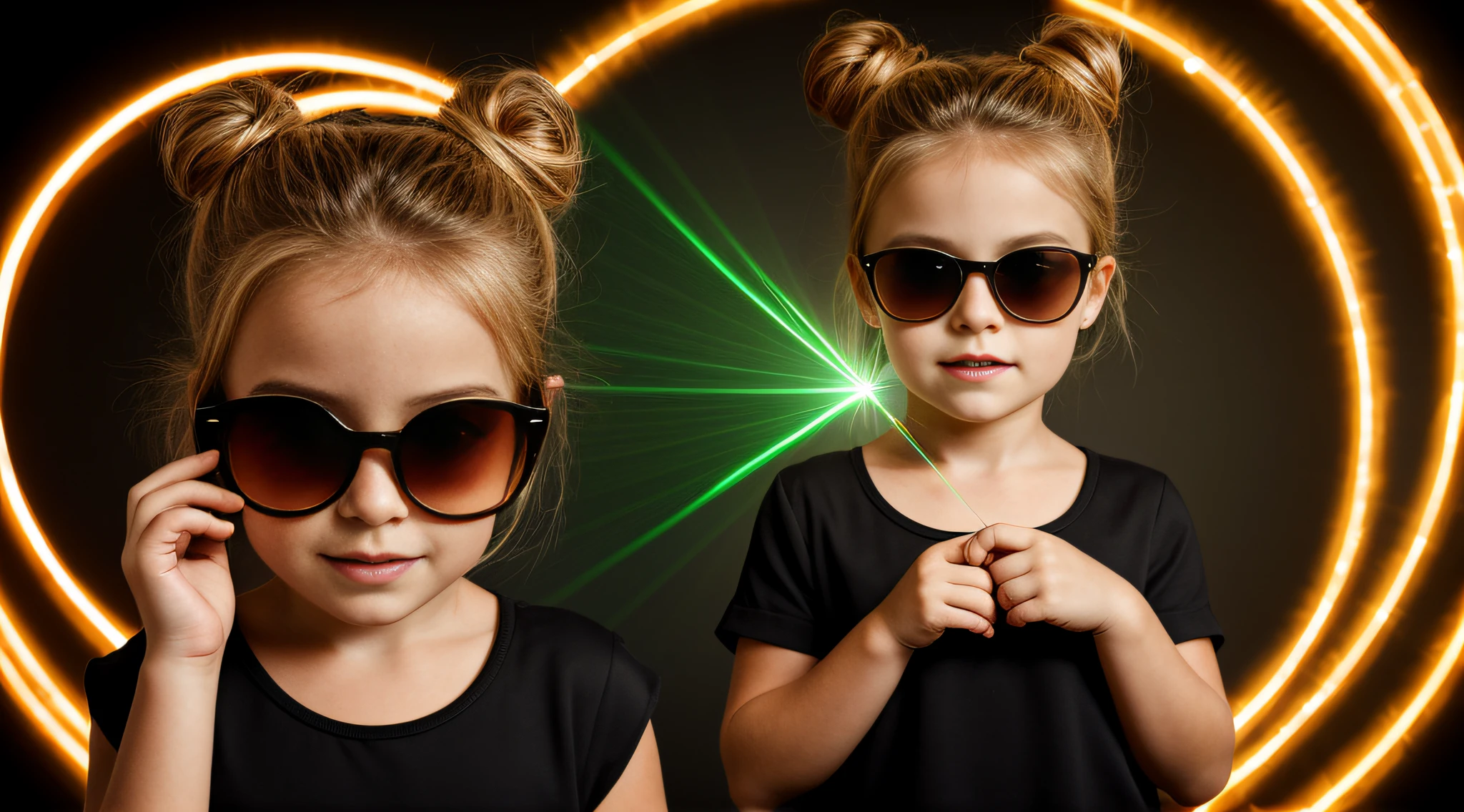 portrait CHILD BLONDE GIRL WITH HAIRBUN, in a black blouse and sunglasses, a laser is being used to illuminate a circle, fundo escuro