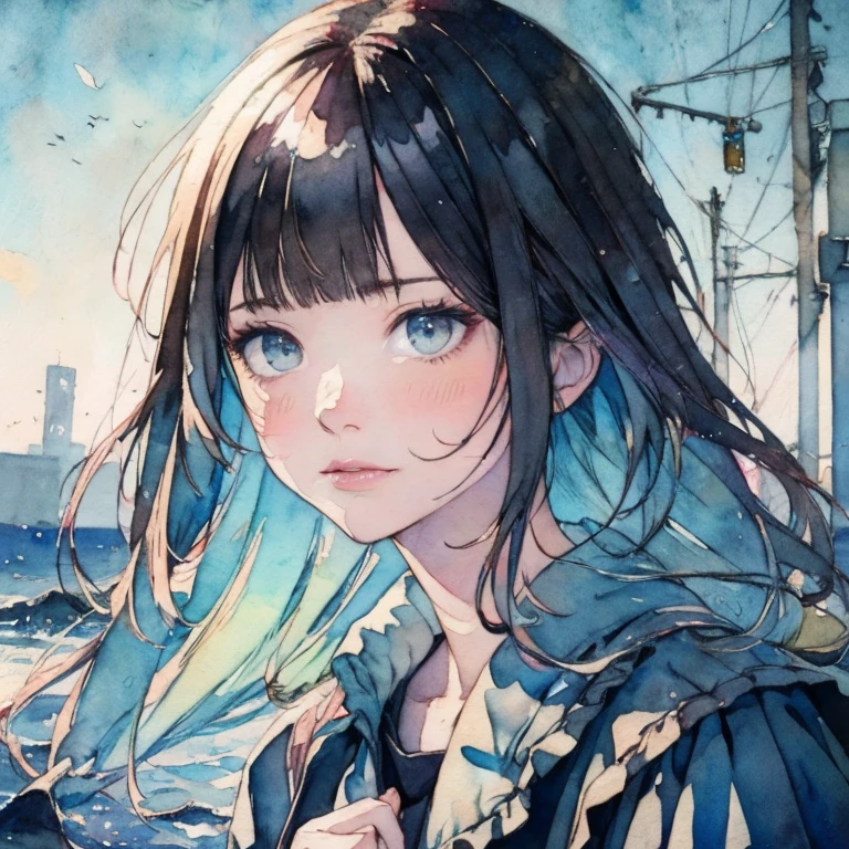 best quality, masterpiece, ultra high res, photo realistic, 1 woman, cute, young, very long hair, looking at viewers, watercolor
