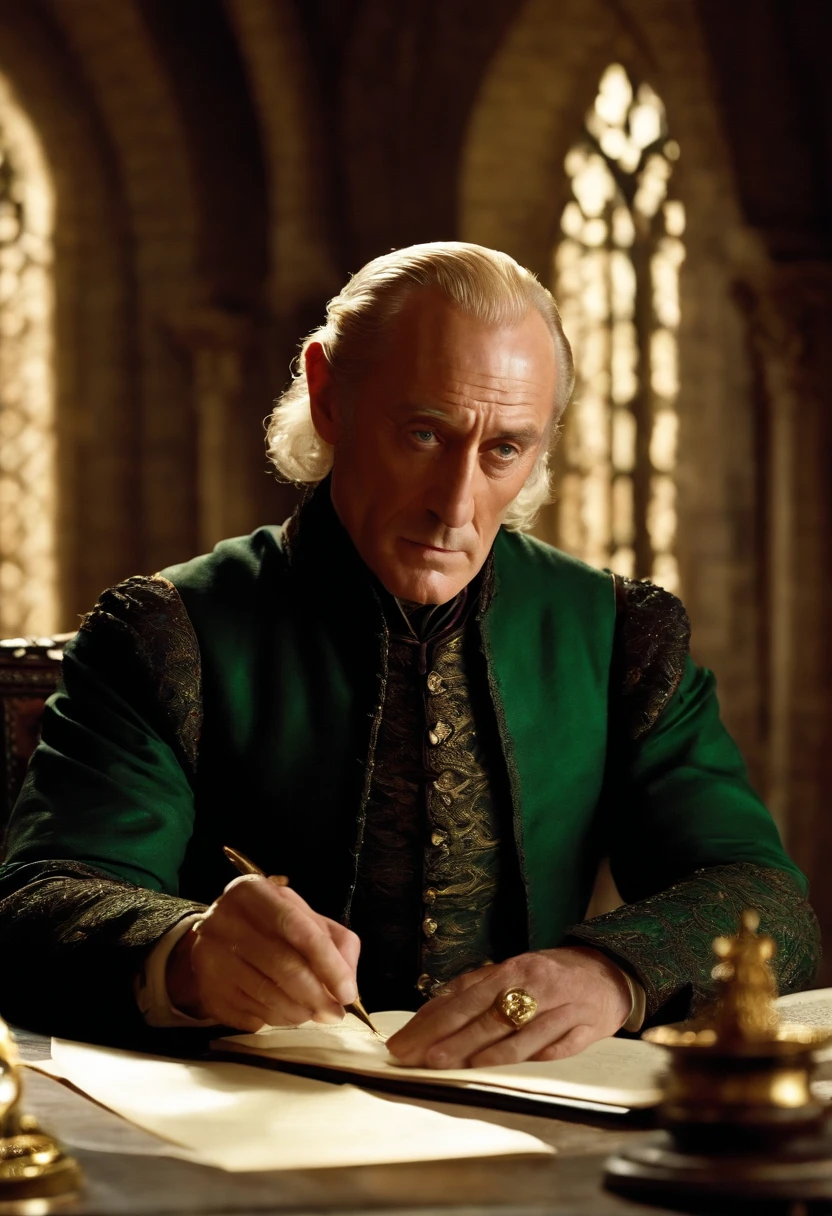 A meticulously organized desk with documents and a quill pen, as Tywin carefully writes a letter,Game of Thrones,Tywin is tall with receding blonde/grey hair, green eyes, grim expression, wears red and gold, famously portrayed by Charles Dance, male
