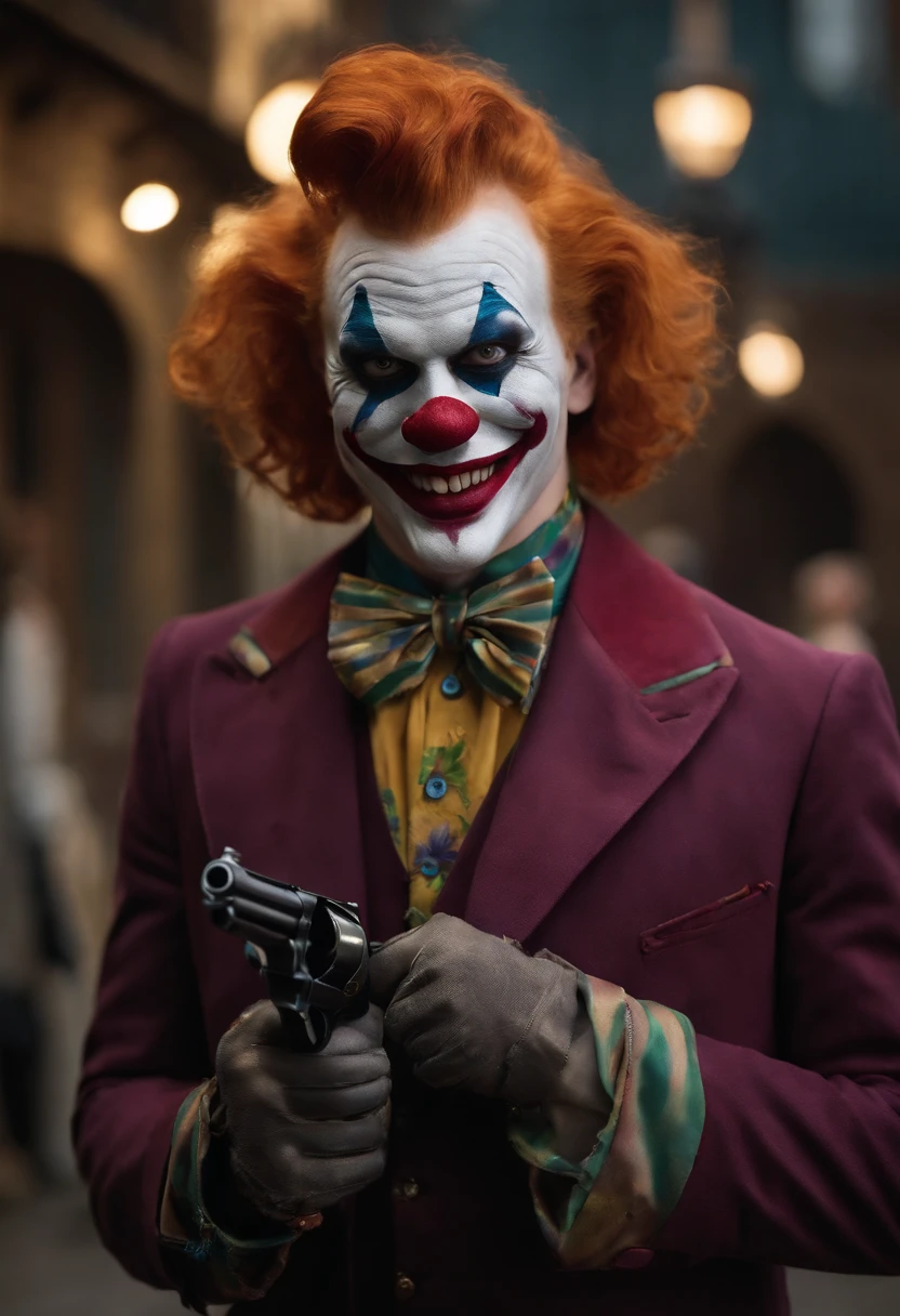 The image is of Jerome holding a vintage, antique-looking revolver with a wicked grin on his face, while wearing a colorful, distorted clown mask.,Gotham TV series,Jerome is tall, pale, has short ginger hair, famously portrayed by Cameron Monaghan, male