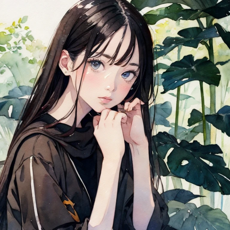 best quality, masterpiece, ultra high res, photo realistic, 1 woman, young, looking at viewers, watercolor