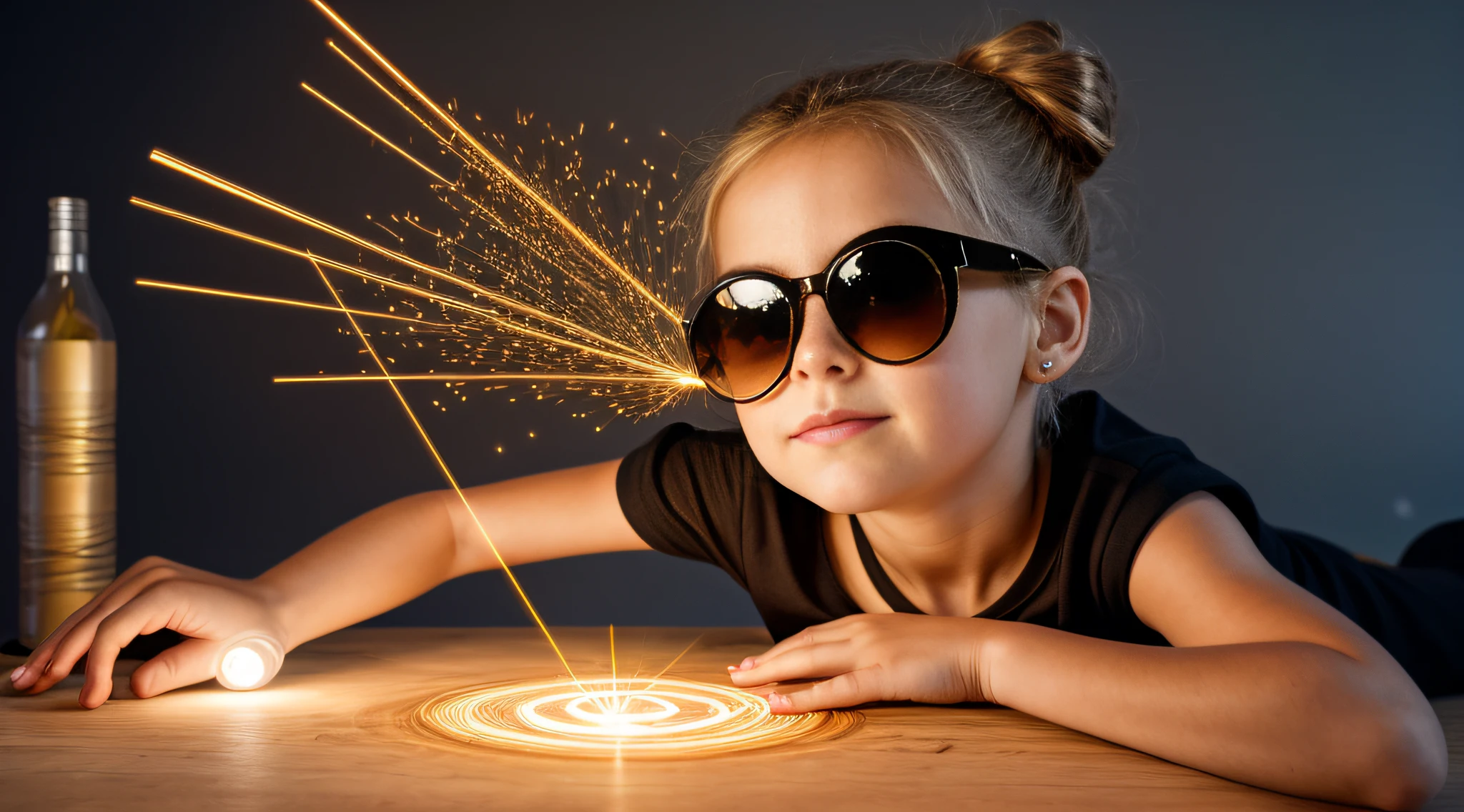 portrait CHILD BLONDE GIRL WITH HAIRBUN, in a black blouse and sunglasses, a laser is being used to illuminate a circle, fundo escuro