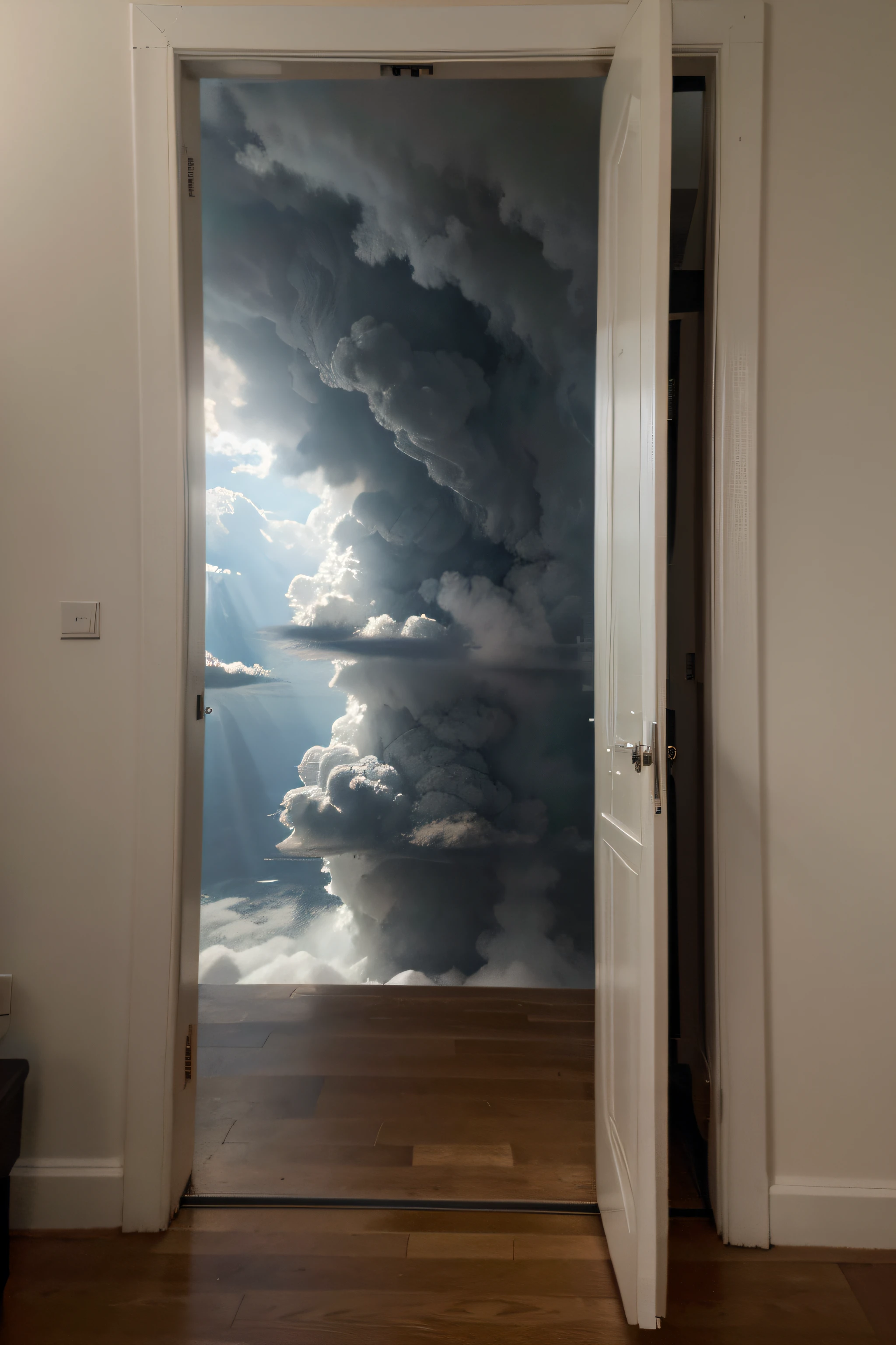 a fantastic image of a huge storm cloud in the distance, see through a half-open door, like in a painting by René Magritte