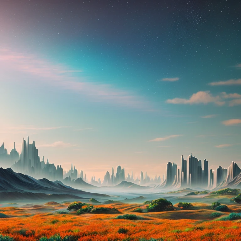 utopian worlds, pastel tones, brown, blue, grey, orange,
