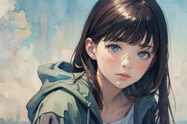 best quality, masterpiece, ultra high res, photo realistic, 1 woman, young, watercolor