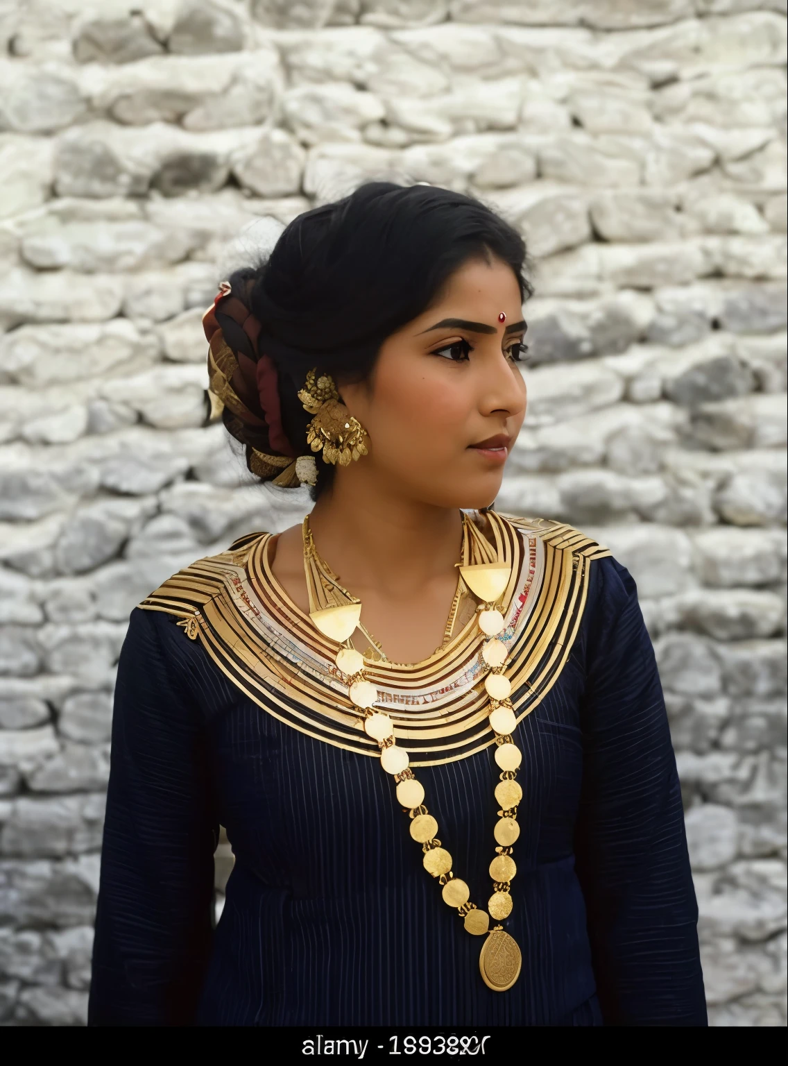 a close up of a woman wearing a necklace and earrings, traditional female hairstyles, wearing an elegant tribal outfit, ancient libu young girl, wearing many medallions, wearing gilded ribes, traditional beauty, ancient libu princess, ethnic, wearing bihu dress mekhela sador, traditional clothes, traditional clothing, traditional dress, wearing gold jewellery
