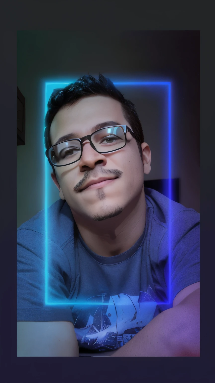 edgy man with glasses and mustache in a blue frame, foto de perfil 1024px, Retrato NFT, Streamer do Twitch / Jogador Ludwig, foto de perfil profissional, com luzes azuis brilhantes, foto de perfil headshot, Fotografia selfie 8k, imagem de qualidade muito baixa, foto portait foto de perfil, foto do perfil do facebook, Markiplier, andres rios