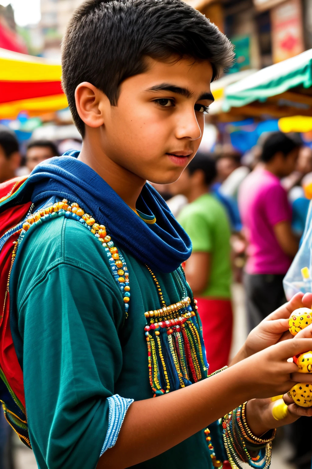 Highest image quality, outstanding details, ultra-high resolution, (fidelity: 1.4), the best illustration, favor details, A bustling marketplace with vibrant colors and people moving hurriedly. In the midst stands young 18 years boy Ali, his hand reaching into an empty pocket, beads slipping away, his face a mix of worry and realization