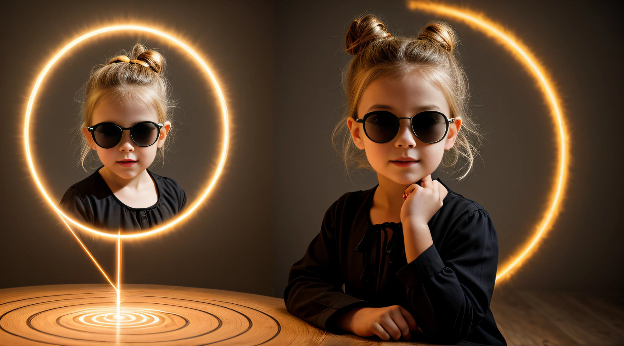 portrait CHILD BLONDE GIRL WITH HAIRBUN, in a black blouse and sunglasses, a laser is being used to illuminate a circle, fundo escuro