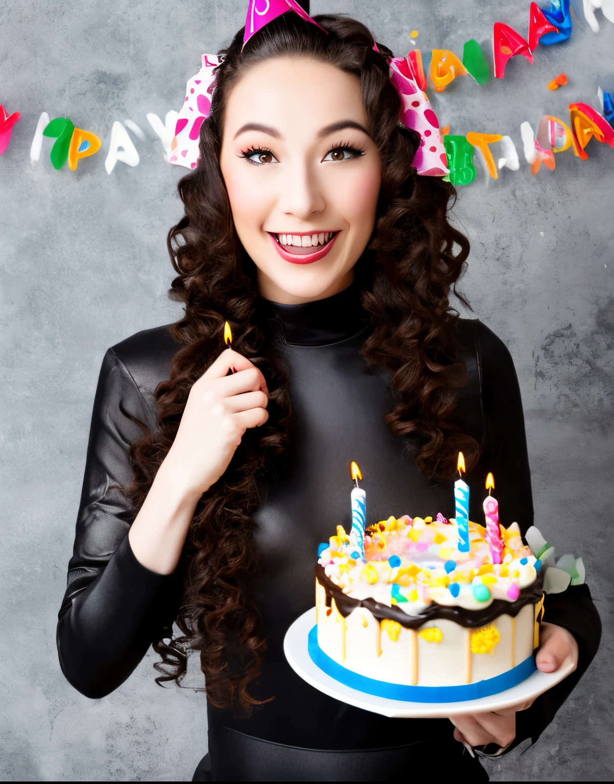 spider woman with curly hair holding a birthday cake