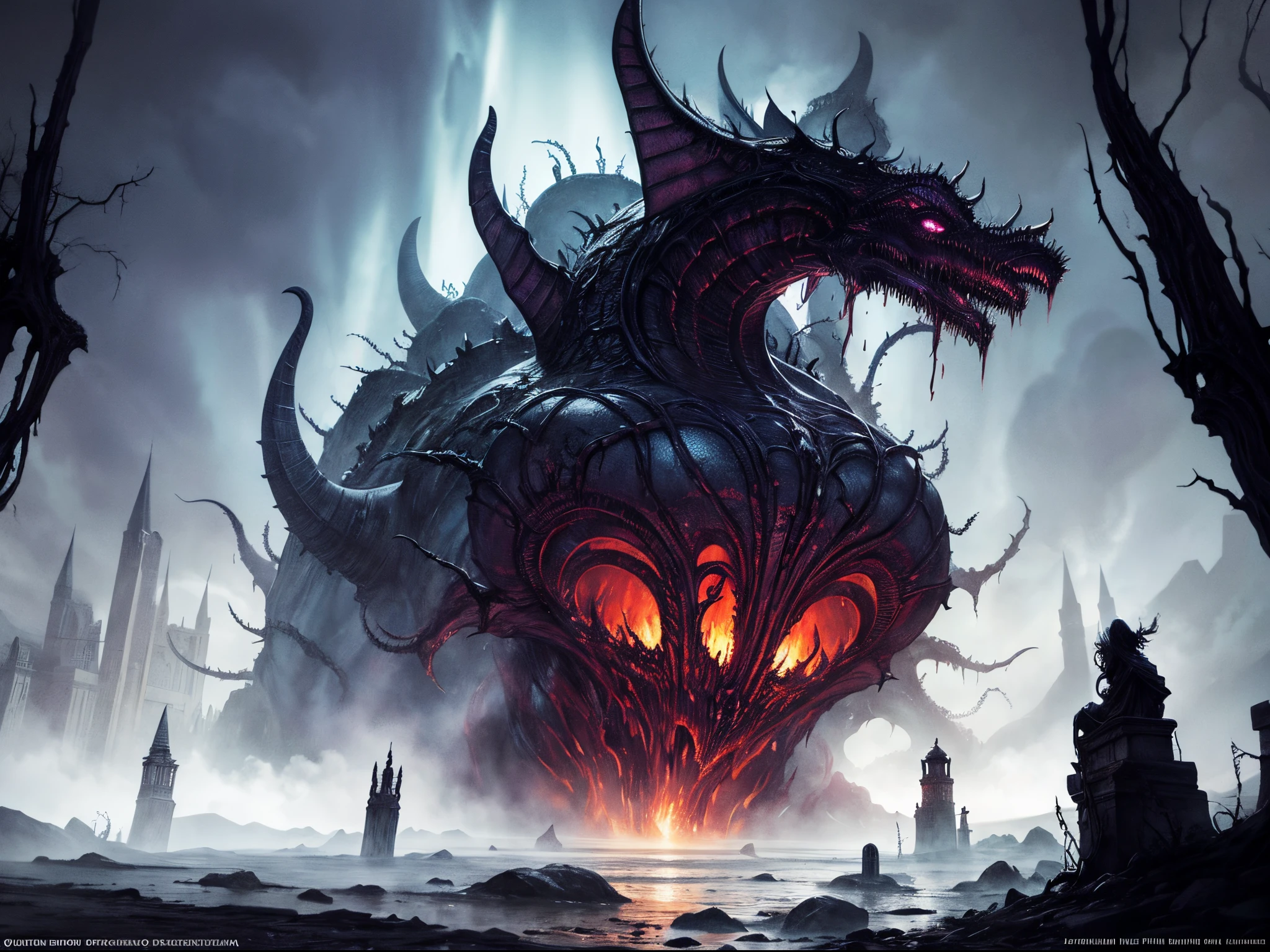 (Masterpiece, Best Quality, High Detail, 8K), Hell Scene, Palace, Bridge, River Struggling Undead, Iron Cable, Breath of Death, Skeleton Monster, Horror, Cosmic Horror, Dark Tones, Blood, by Kilian Eng, cinematic composition, realistic light and shadow, crazy details, super high resolution, detailed unified CG wallpaper