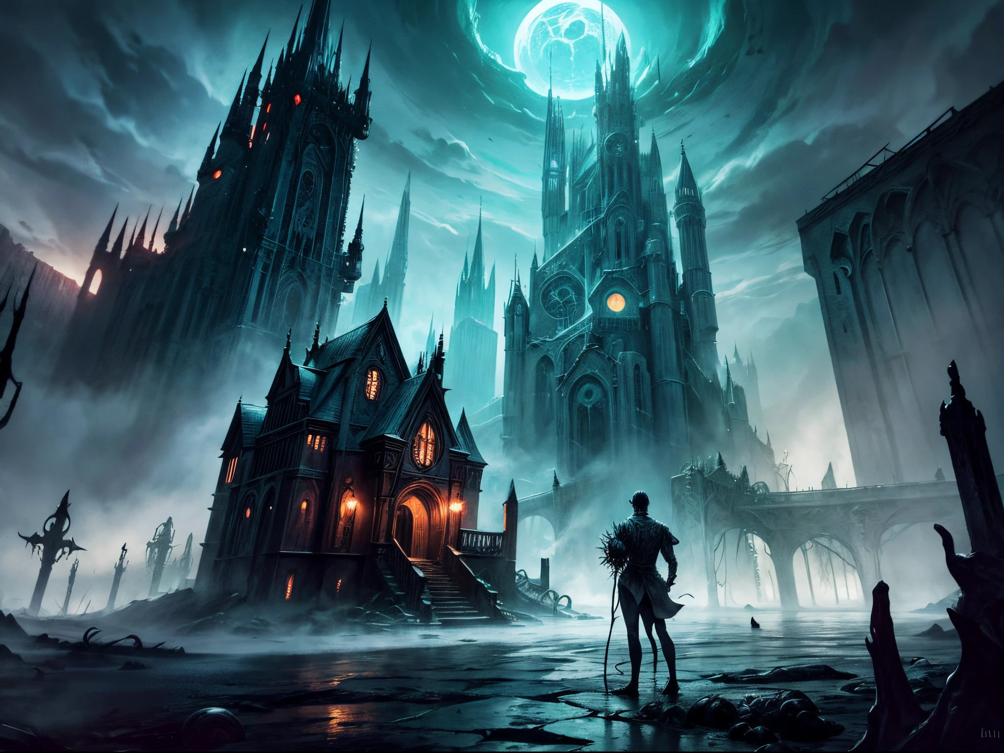 Transform the Lovecraftian horror scene into a fantasy realm, where Leonardo AI powers a dark and eldritch kingdom. Picture haunting landscapes, mythical creatures influenced by Lovecraftian horror, and a cityscape that merges the eerie with the fantastical. This prompt is influenced by the fantasy works of Clive Barker. enormous tits