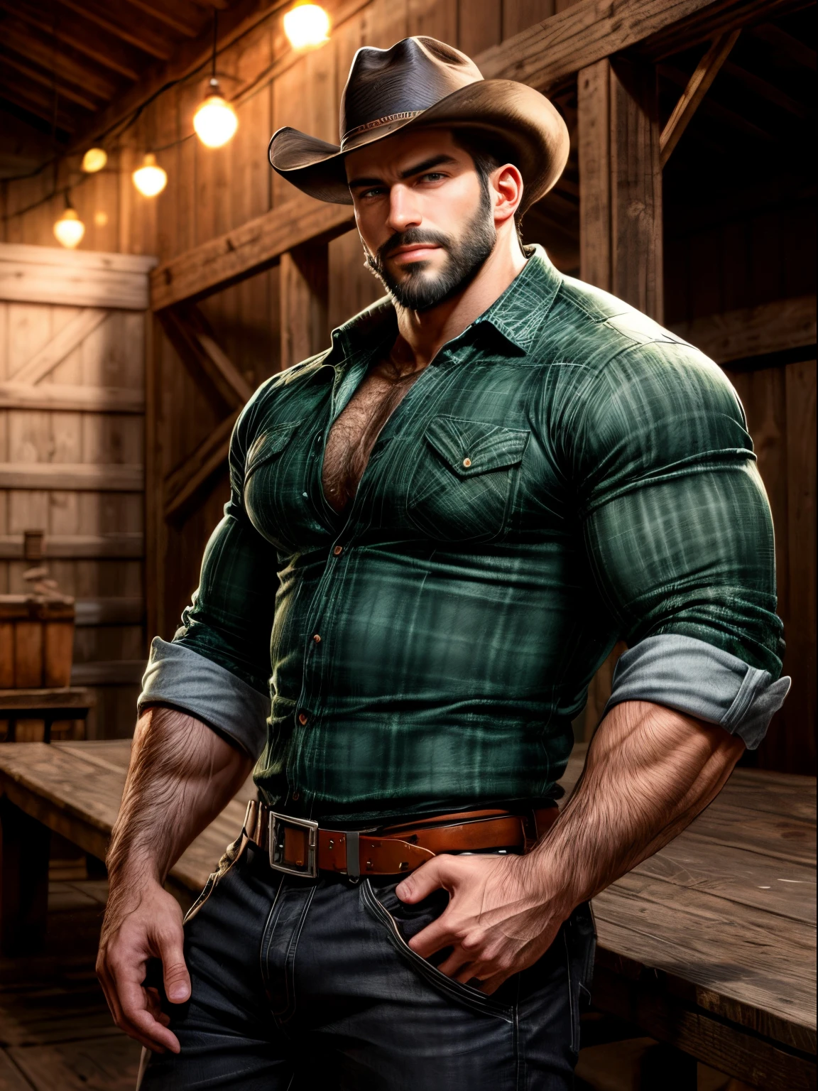 male focus, solo focus, muscular, burly, hairy, male, black hair, black beard, thick beard, big beard, full beard, green eyes, (red flannel shirt: 1), a handsome black man, 36 year old cowboy in ranch barn wearing black hat, big, hands on waist, muscular, scruffy face, arrogant smirk, amazing composition, front view, HDR, volumetric lighting, ultra quality, elegant, highly detailed