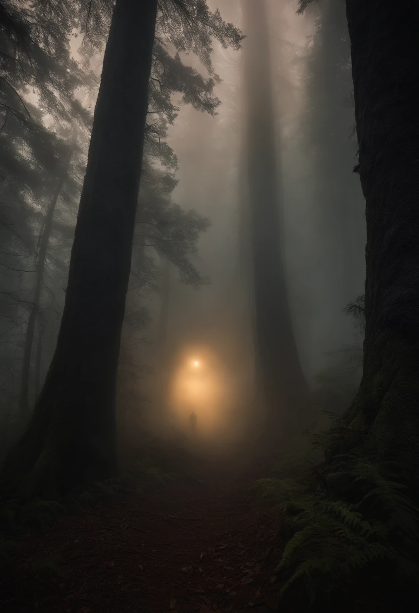 A mystical and eerie photo of a dense fog settling over the forest, creating an otherworldly atmosphere with the silhouette of a large figure in the distance.,original,sasquatch, big foot, hairy, covered in hair, male