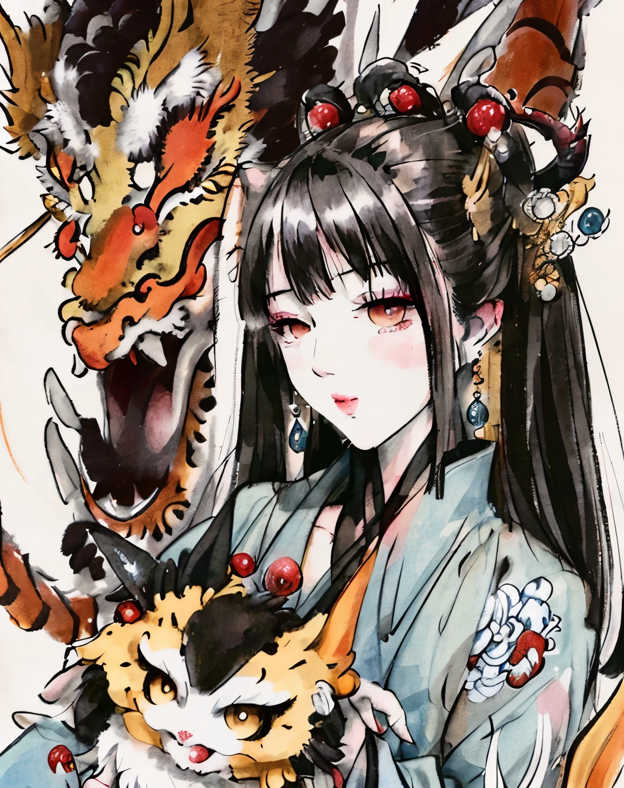 I have a drawing of a Chinese dragon in Montando and it is guaranteed that it will be great., inspired by Kawanabe Kyōsai, Estilo de Yoshitaka Amano, Estilo Yoshitaka Amano, inspired by Kanō Hōgai, inspirado en Kikuchi Yosai, inspired by Shunkōsai Hokushū