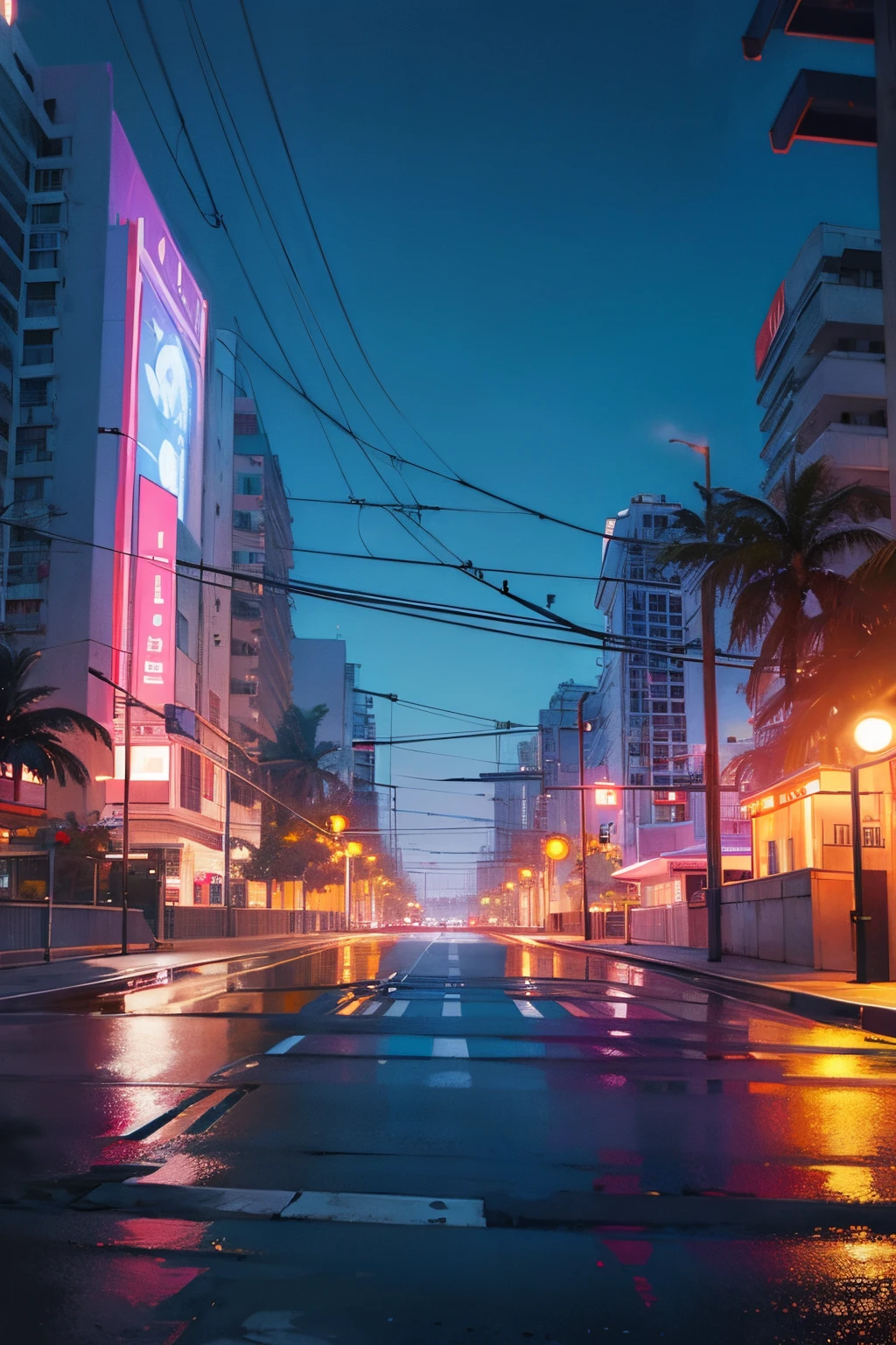 Miami POV in the street, alone, no trafic, realistic night light,