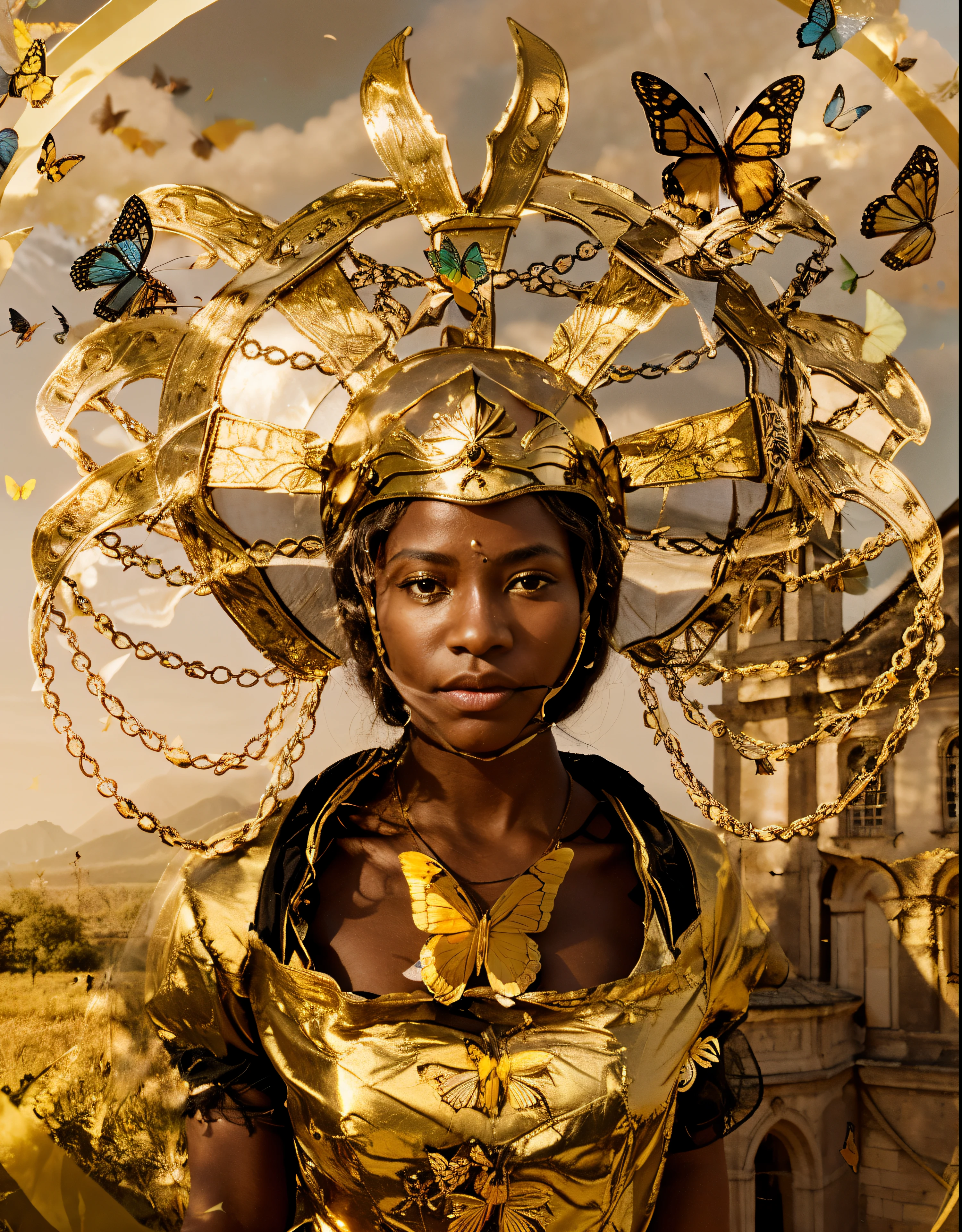 A imagem mostra uma mulher NEGRA usando um capacete dourado, que parece ser uma coroa. She is surrounded by a variety of butterflies, alguns voando ao seu redor e outros pousando nela. The woman also wears a necklace, Adding elegance to the scene. Butterflies are scattered throughout the image, some close to the woman and others further away, creating a feeling of movement and liveliness. ao lado da mulher tem uma igreja e ao fundo montanhas