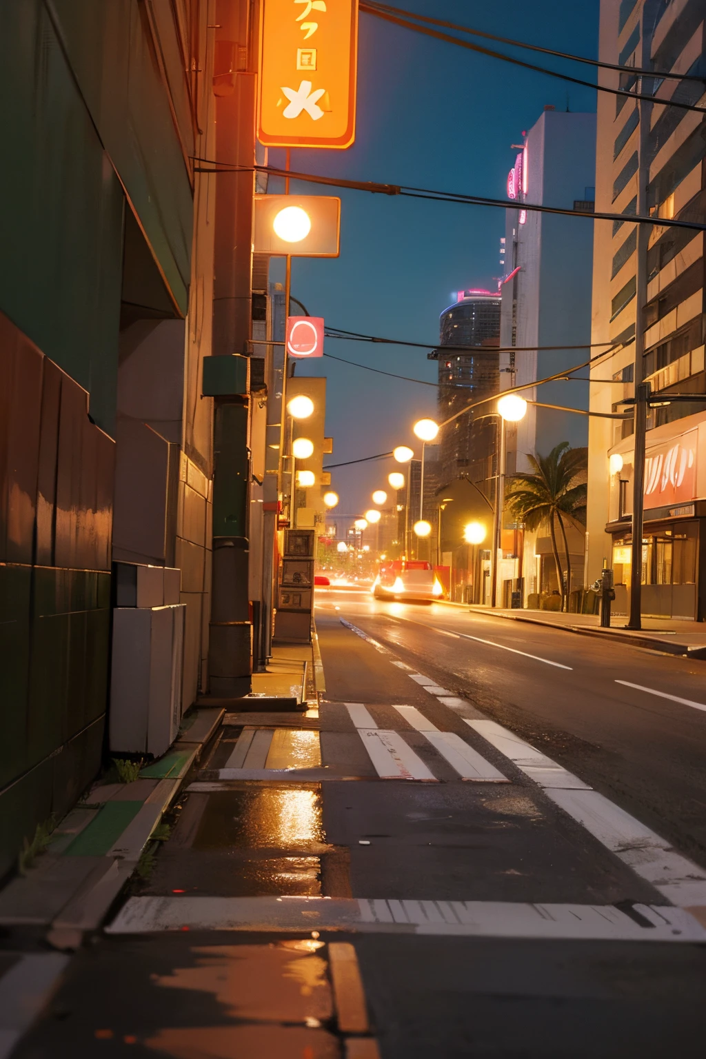 Miami POV in the street, alone, no trafic, realistic night light,