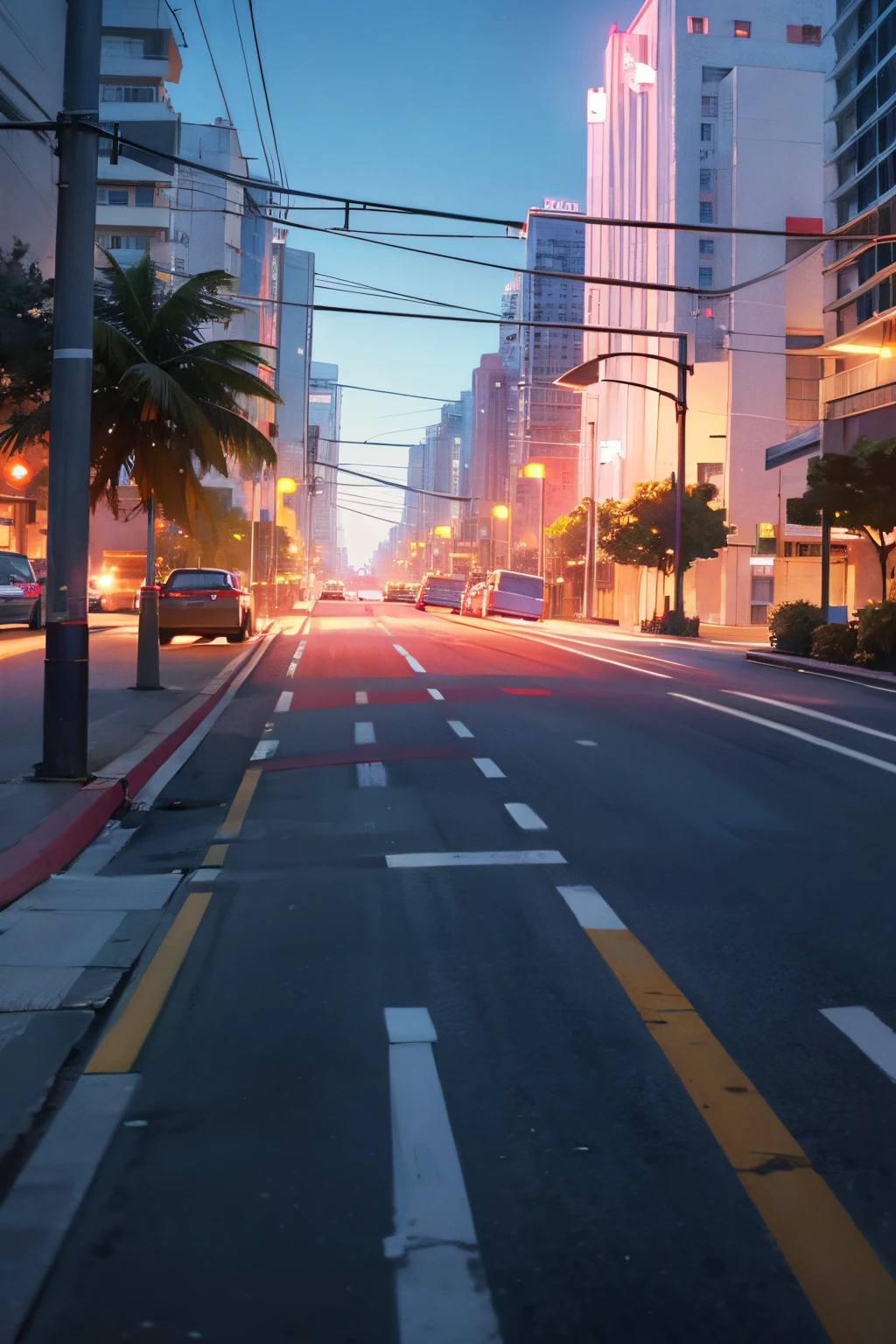 Miami POV in the street, alone, no trafic, realistic night light,