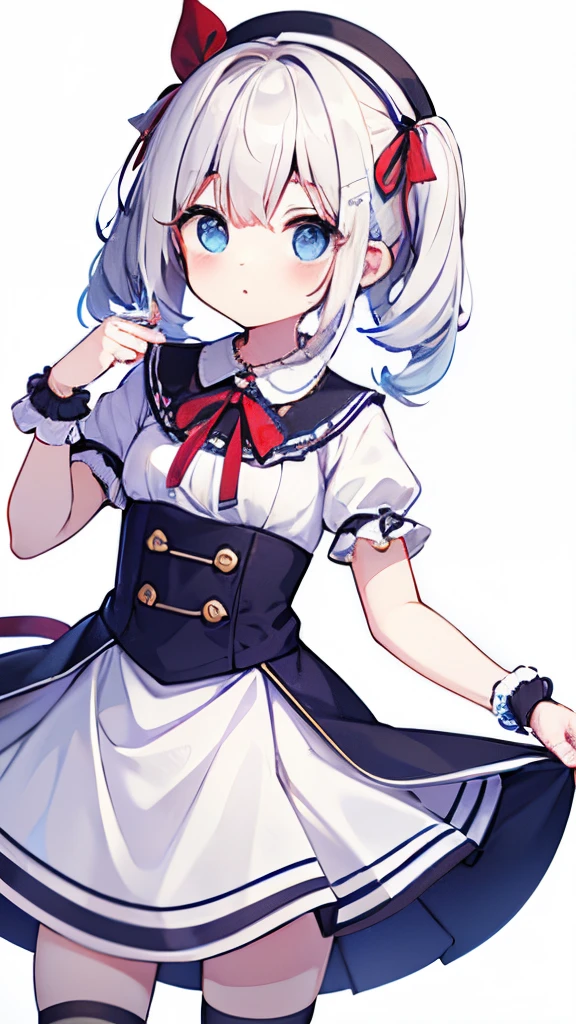 ,Short white hair, Blue eyes, Short red twintails dress, ribbon,