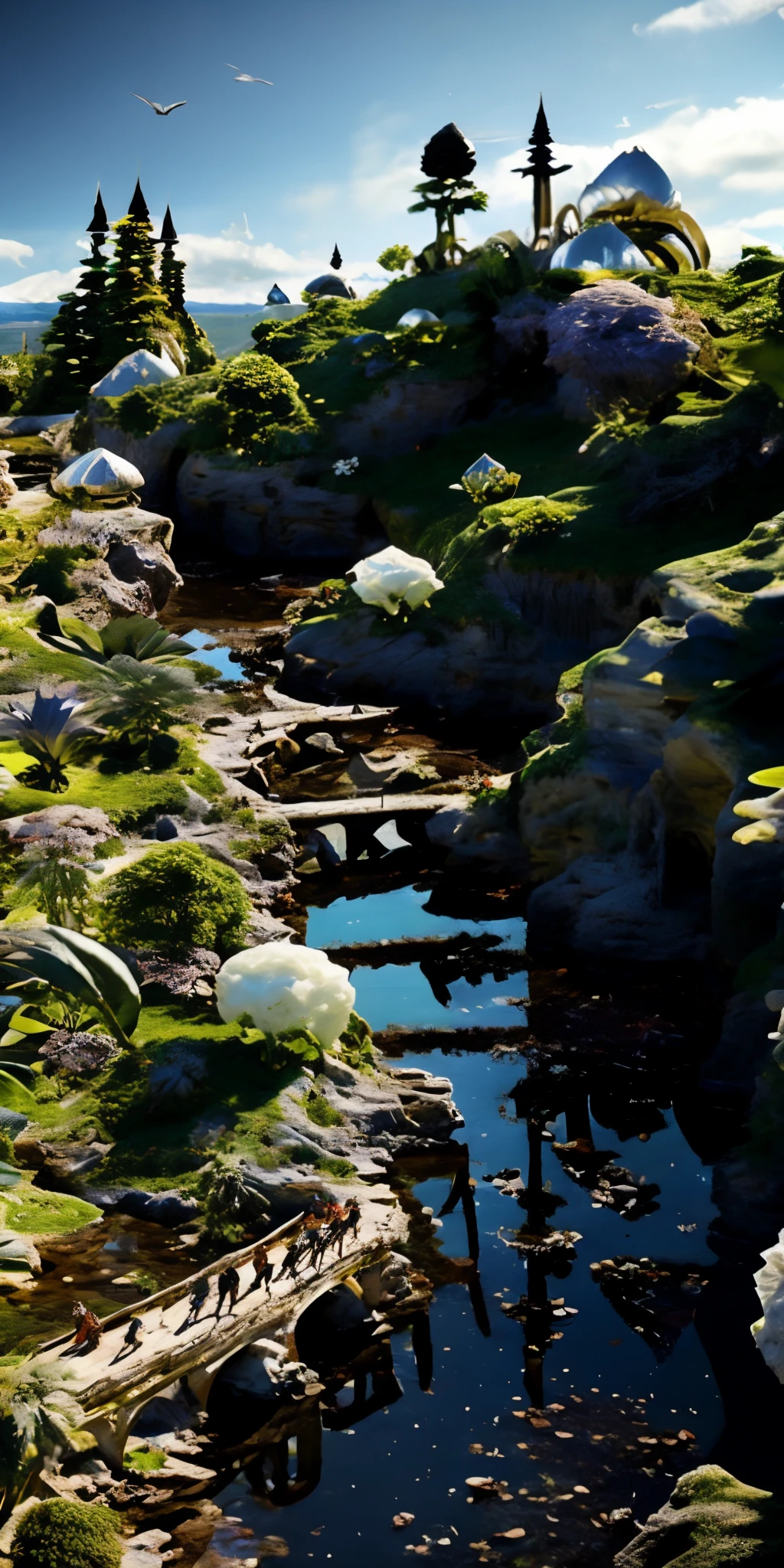 Crystal spires and togas, dancing with the birds, singing beside the streams, beach