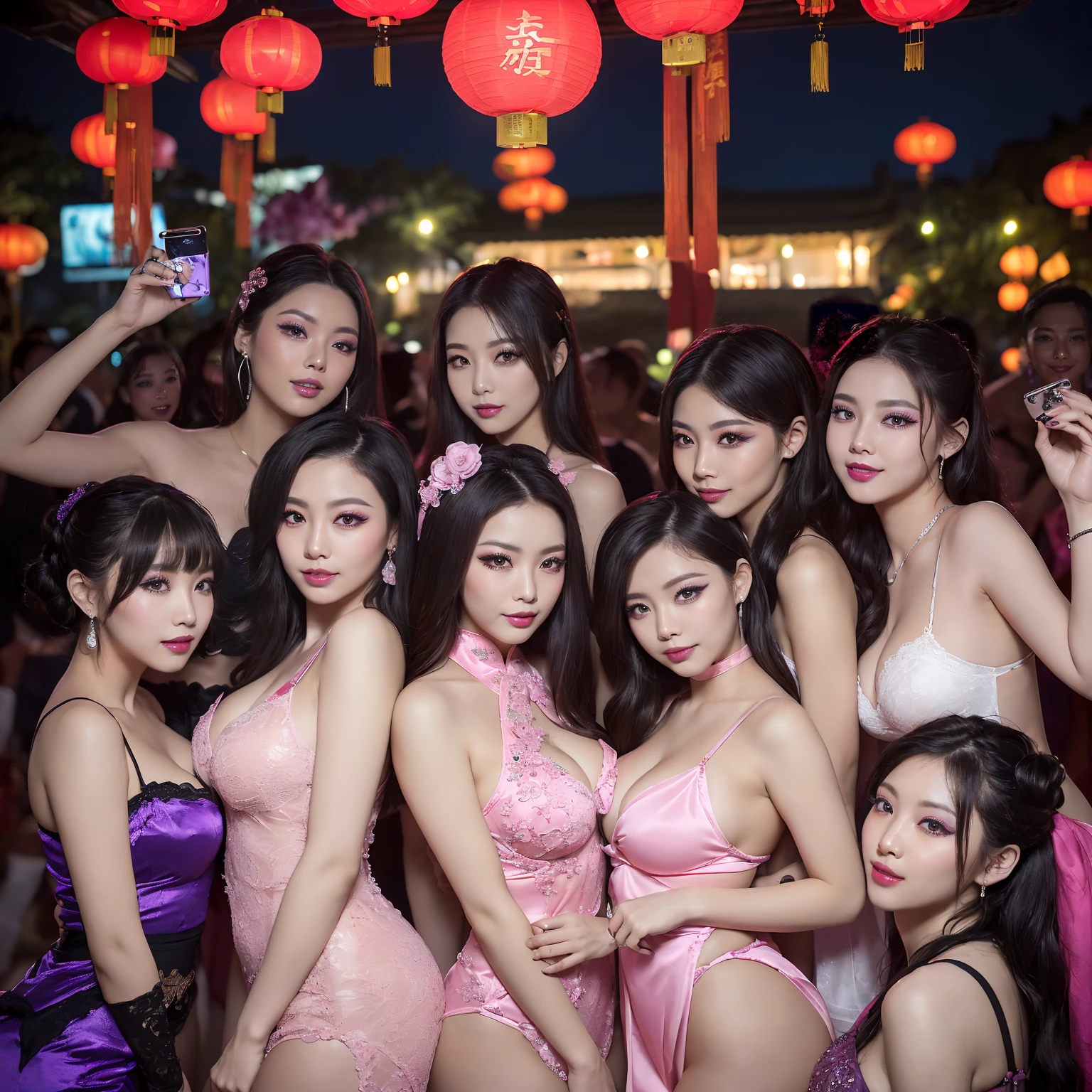 ((top-quality、masutepiece、8K、Top image quality、Highly complex and detailed depictions))、(Group photo of 20 Chinese prostitutes:1.5)、Chinese garrison house at night、((The most gorgeous Chinese ?????????? huge costume、The most luxurious and huge garrison、An unimaginably luxurious garrison、A gurihouse shining in purple and pink、purple and pink lanterns、Take a group photo with a very luxurious and huge garrison in the background、Huge red light district at midnight、Very complex decoration、Very clear garrison))、(View me、Bewitching smile、Perfect makeup、long eyelashes、pink lipsticks、Pink eyeshadows、perfect anatomia、Biggest smile)