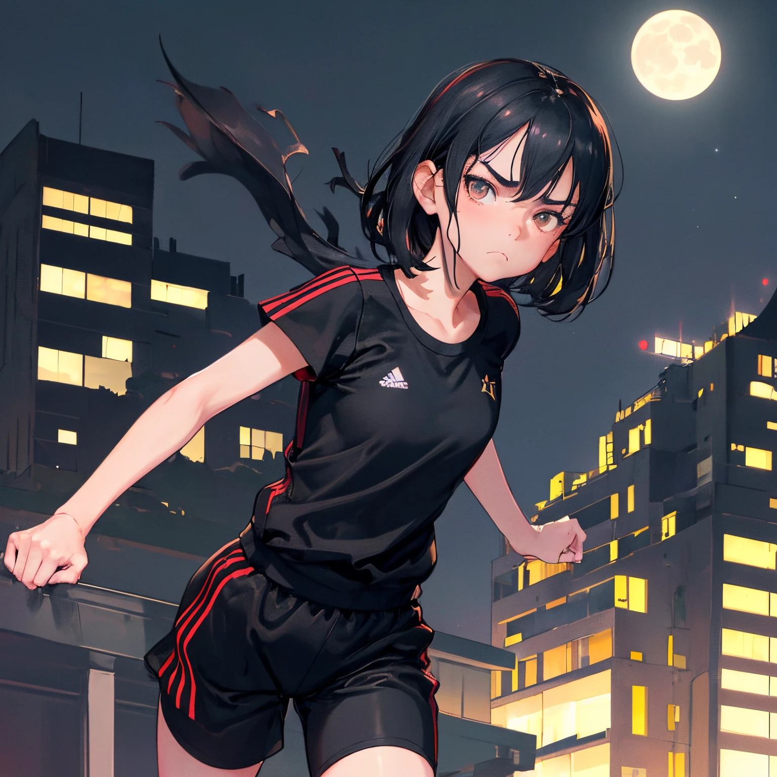 (best quality, masterpiece, realistic, 4k, extreme detail), 1girl, teenager, 5'4, hazel eyes, dark hair, short hair, athlete, athletic build, flat chest, skinny, tracksuit pants, tank top, black clothes with red stripes, (dark aura, black corona, black magic), round face, hispanic, tanned, sullen, grumpy, glowering at the camera, action pose, on top of a building at night, moonlit, dim lighting