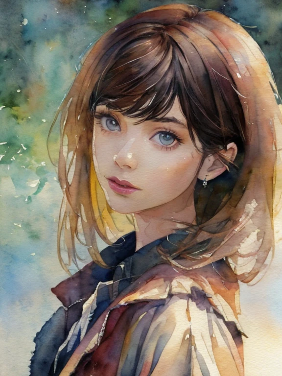 watercolor, best quality, masterpiece, ultra high res, photo realistic, 1 female, madeon